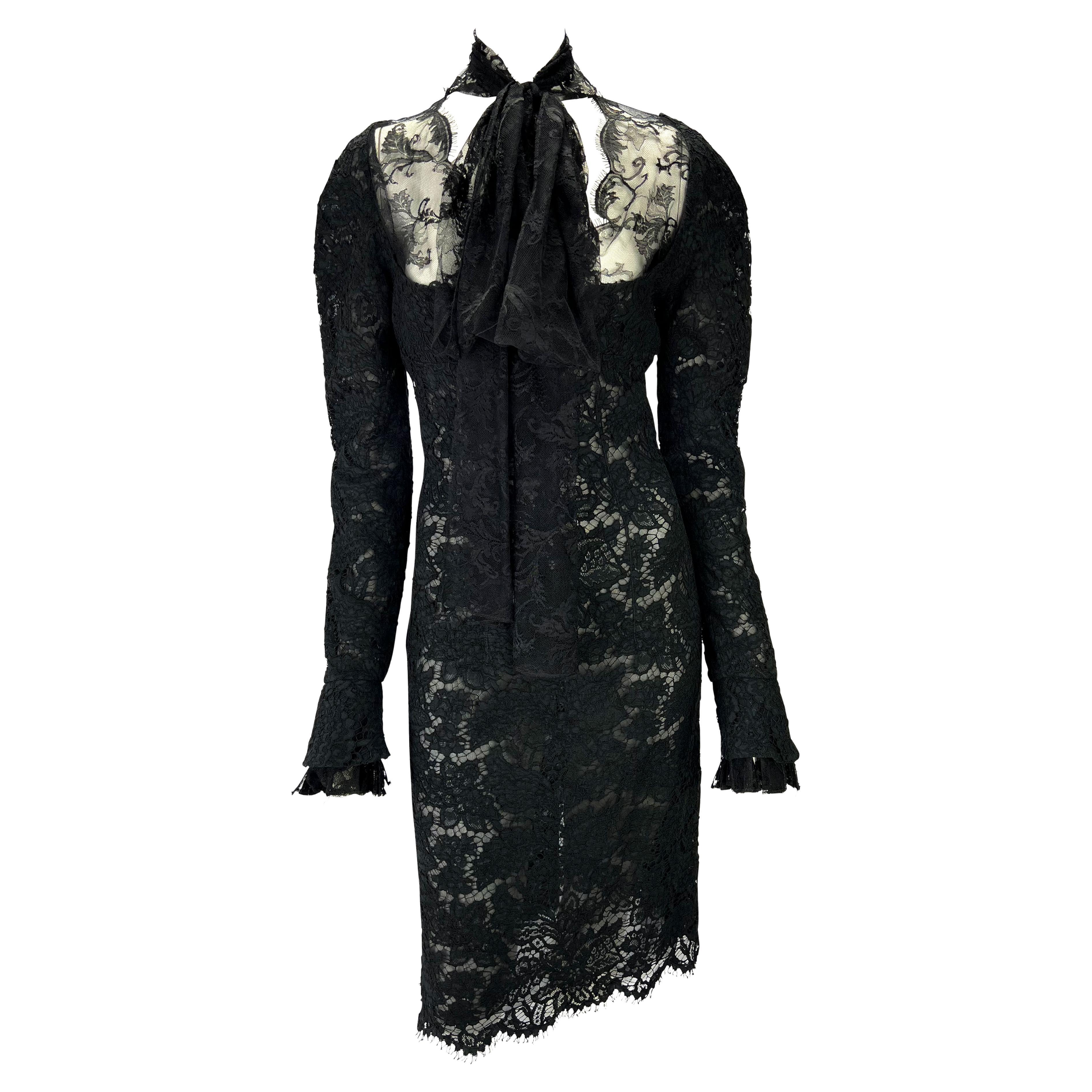 F/W 2002 Yves Saint Laurent by Tom Ford Runway Sheer Black Lace Poet's Dress For Sale