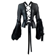 F/W 2002 Yves Saint Laurent Tom Ford Sheer Black Silk Lace Up Blouse Top