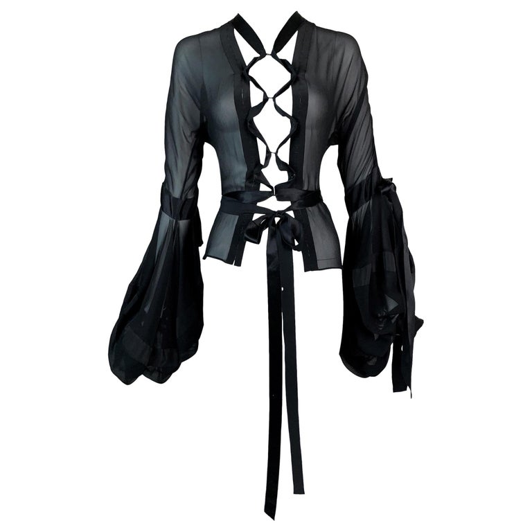 F/W 2002 Yves Saint Laurent Tom Ford Sheer Black Silk Lace Up Blouse Top For Sale