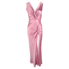 Vintage F/W 2003 Christian Dior by John Galliano Rose Pink Silk Satin High Slit Gown