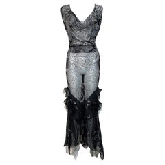 F/W 2003 Christian Dior John Galliano 20's Style Sheer Beaded Black Mesh Dress