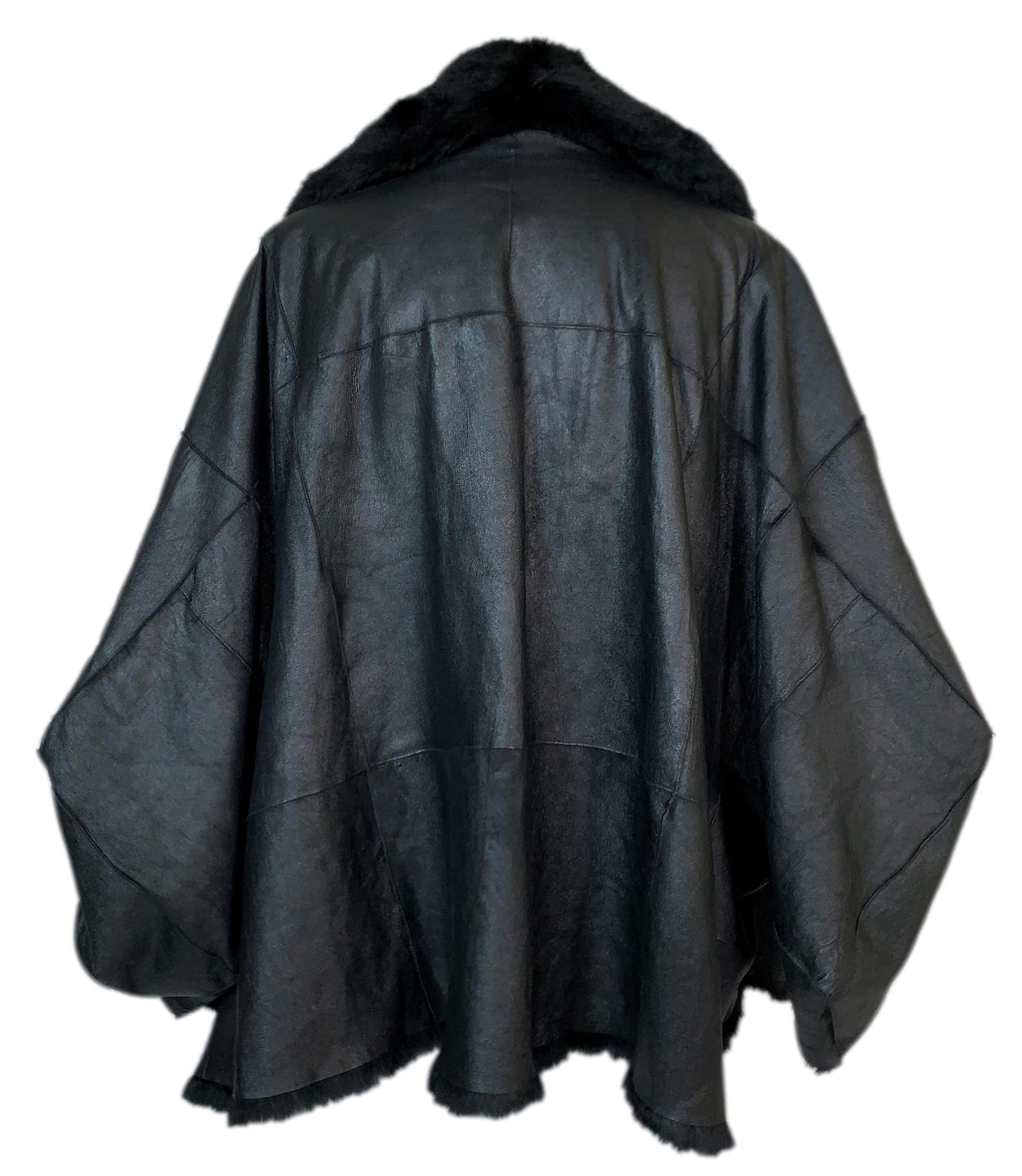 F/W 2003 Christian Dior John Galliano Black Shearling Leather Coat Jacket In Good Condition For Sale In Yukon, OK