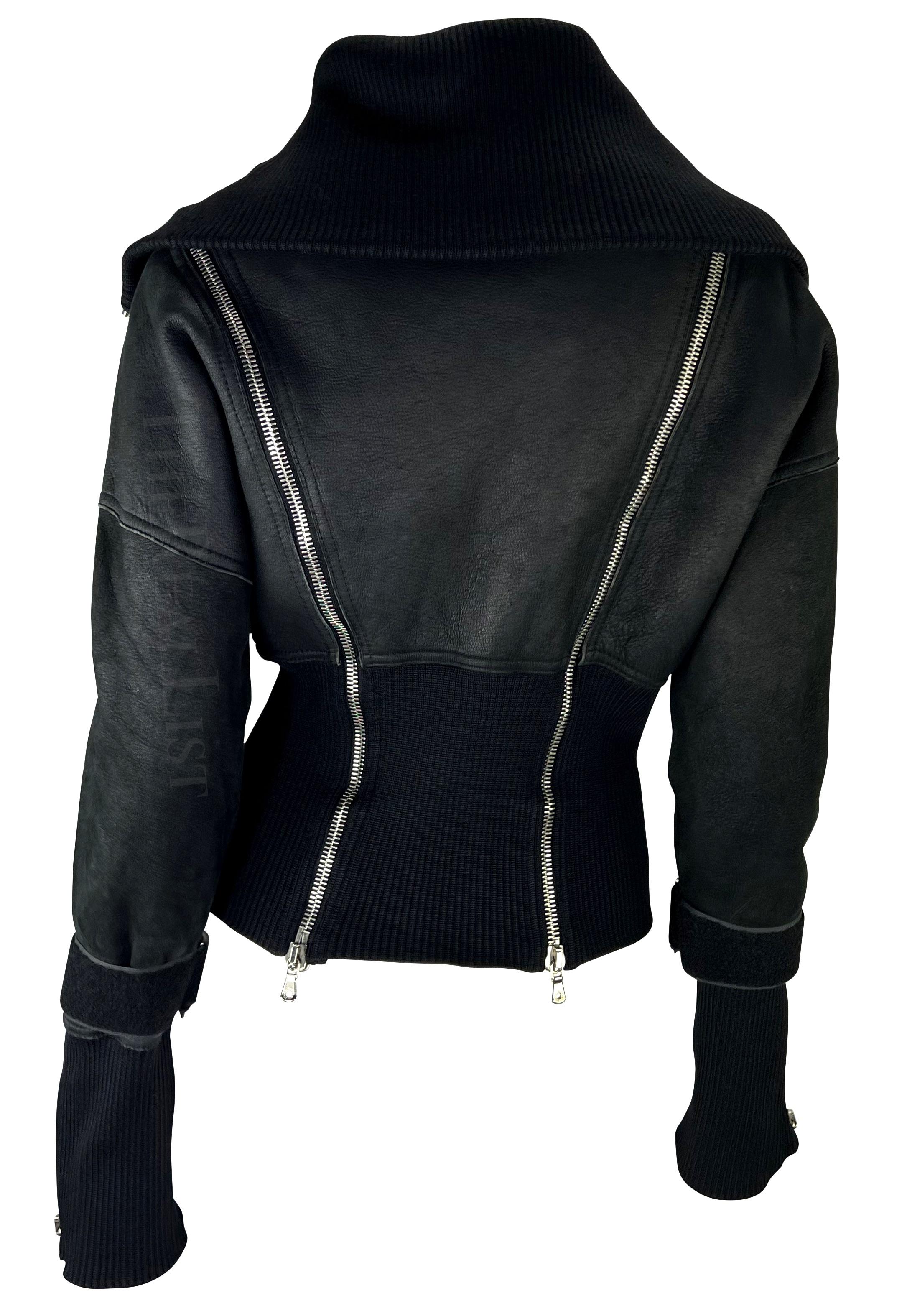 Women's F/W 2003 Dolce & Gabbana Black Shearling Zipper Velcro Strap Jacket For Sale