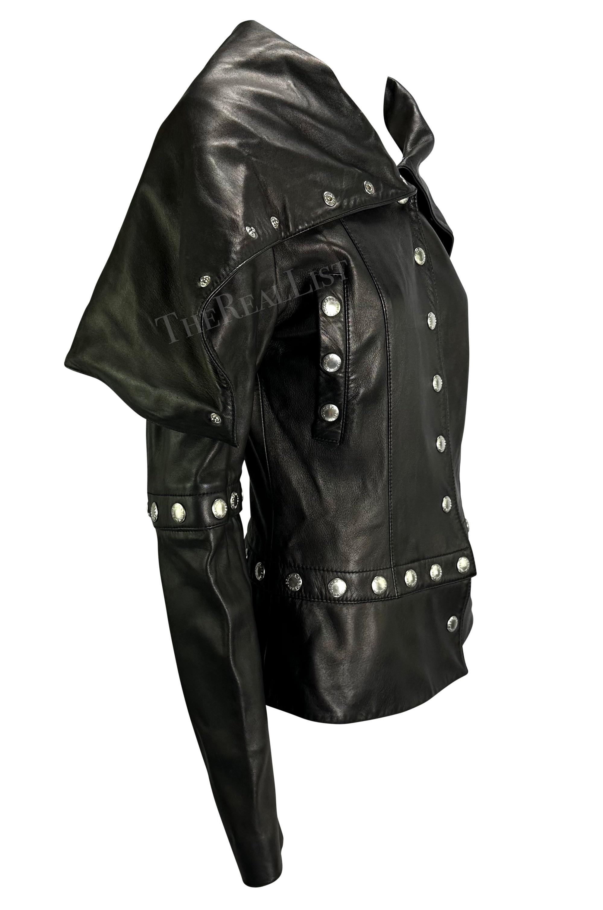 F/W 2003 Dolce & Gabbana Convertible Black Leather Logo Snap Jacket For Sale 1