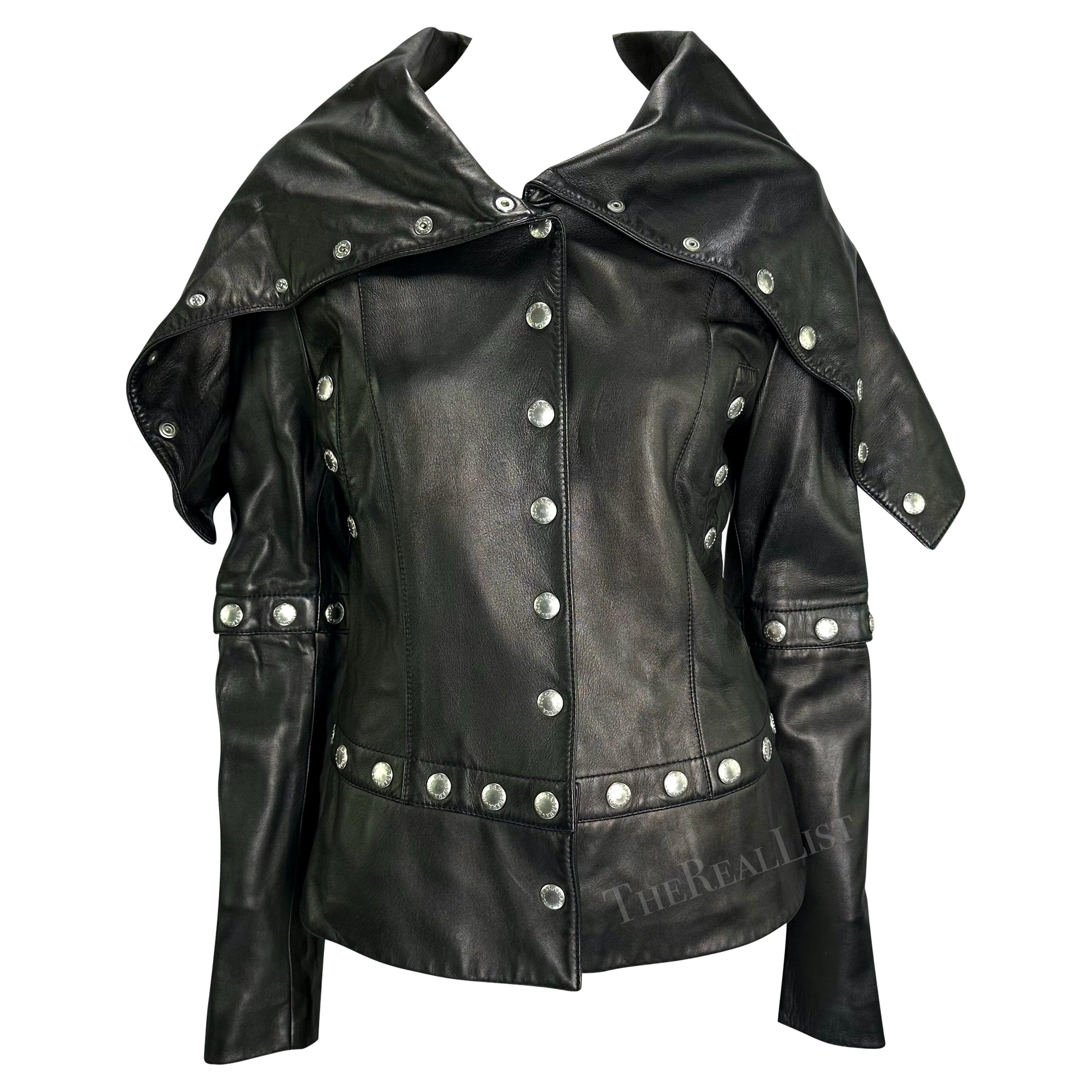 F/W 2003 Dolce & Gabbana Convertible Black Leather Logo Snap Jacket For Sale