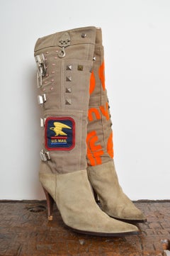 F/W 2003 Dolce & Gabbana Fun is My Life Knee High Khaki Stiletto Army Boots 39.5
