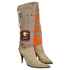 F/W 2003 Dolce & Gabbana Fun is My Life Kniehohe Khaki Stiletto Army Stiefel 39.5