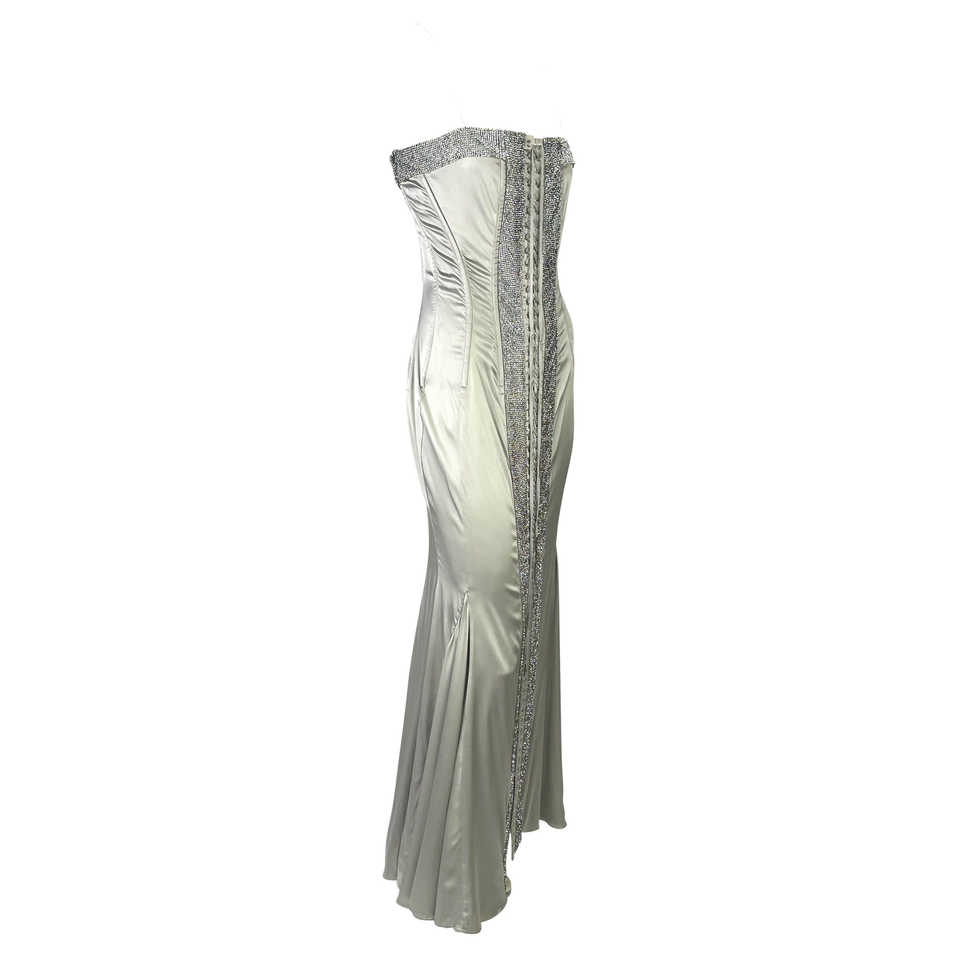 S/S 2004 Dolce & Gabbana Runway Rhinestone Lace-Up Silver Stretch Satin Gown 8