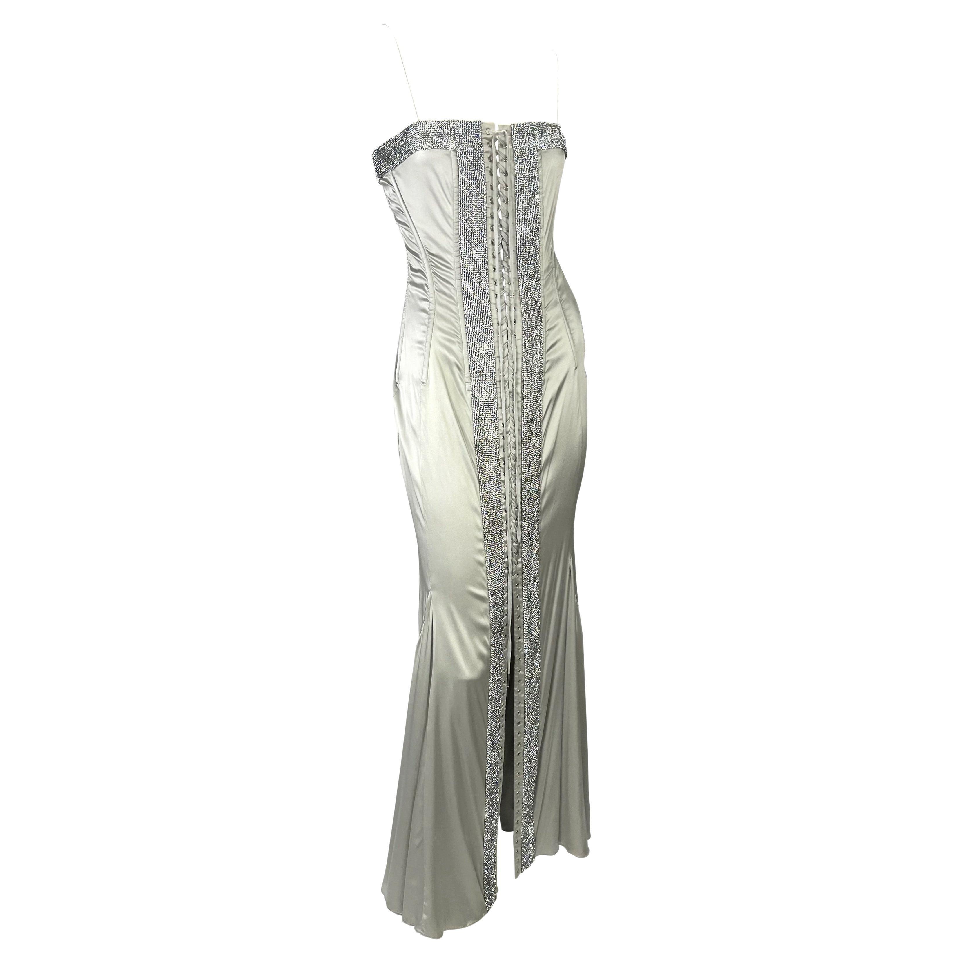 S/S 2004 Dolce & Gabbana Runway Rhinestone Lace-Up Silver Stretch Satin Gown 9