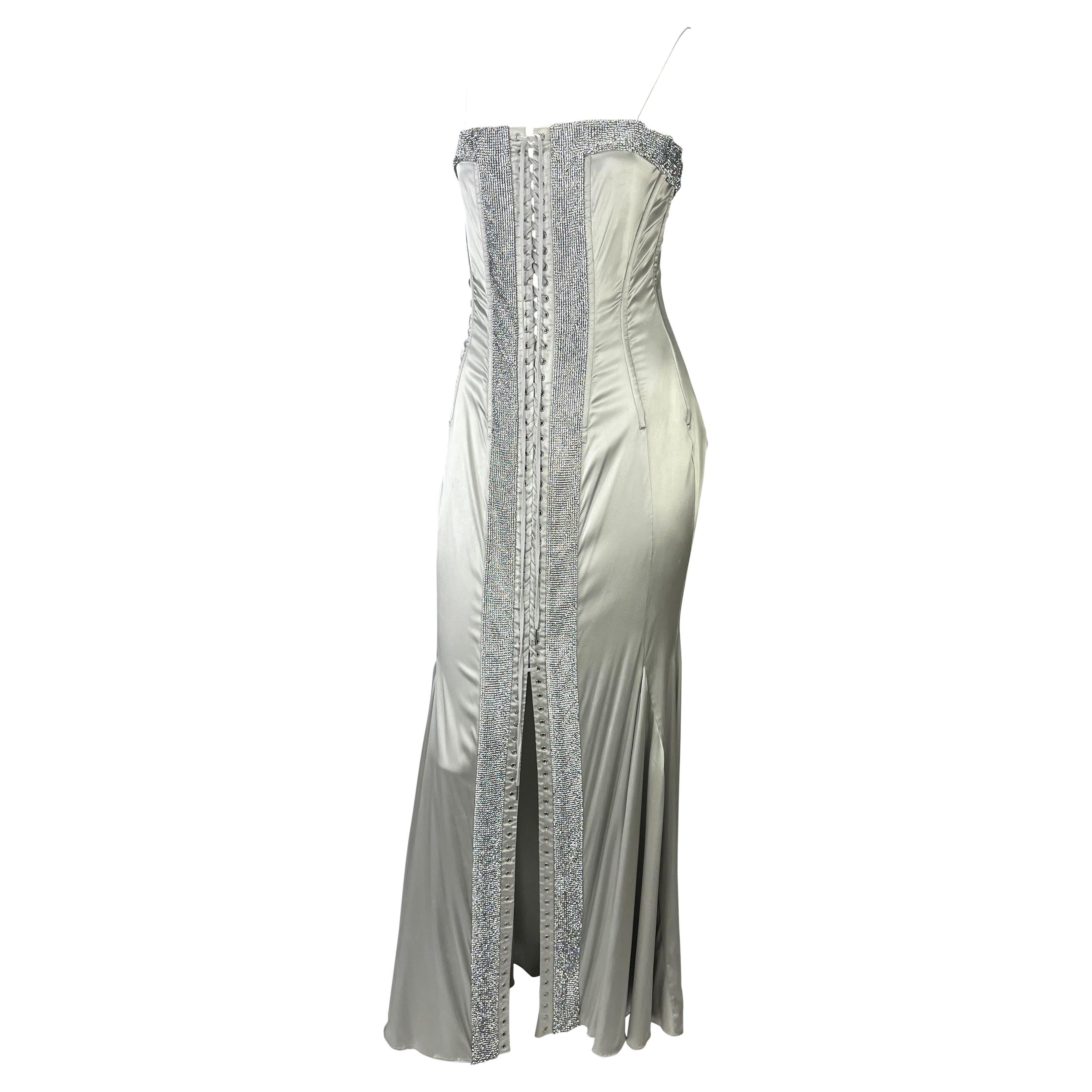 Women's S/S 2004 Dolce & Gabbana Runway Rhinestone Lace-Up Silver Stretch Satin Gown