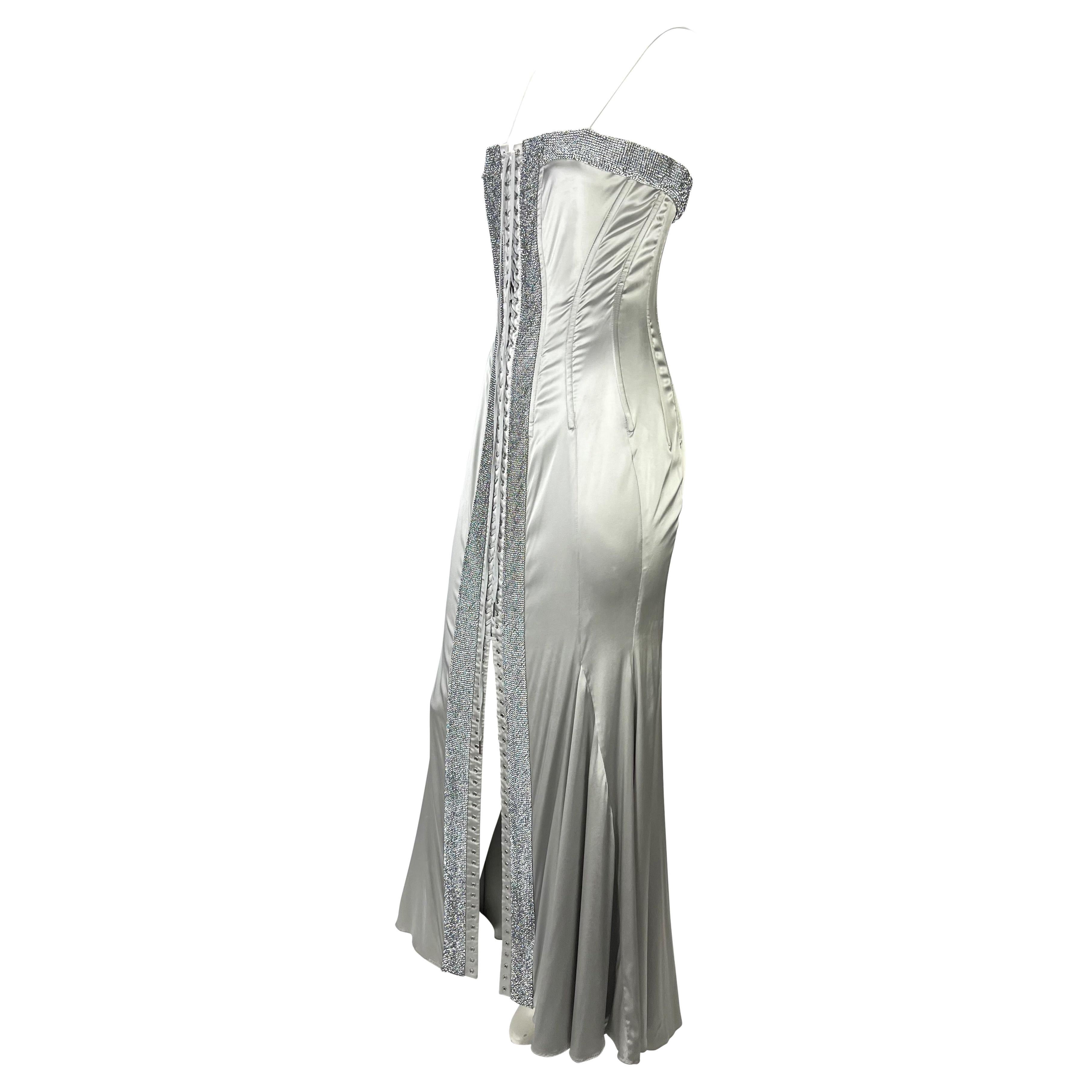 S/S 2004 Dolce & Gabbana Runway Rhinestone Lace-Up Silver Stretch Satin Gown 3