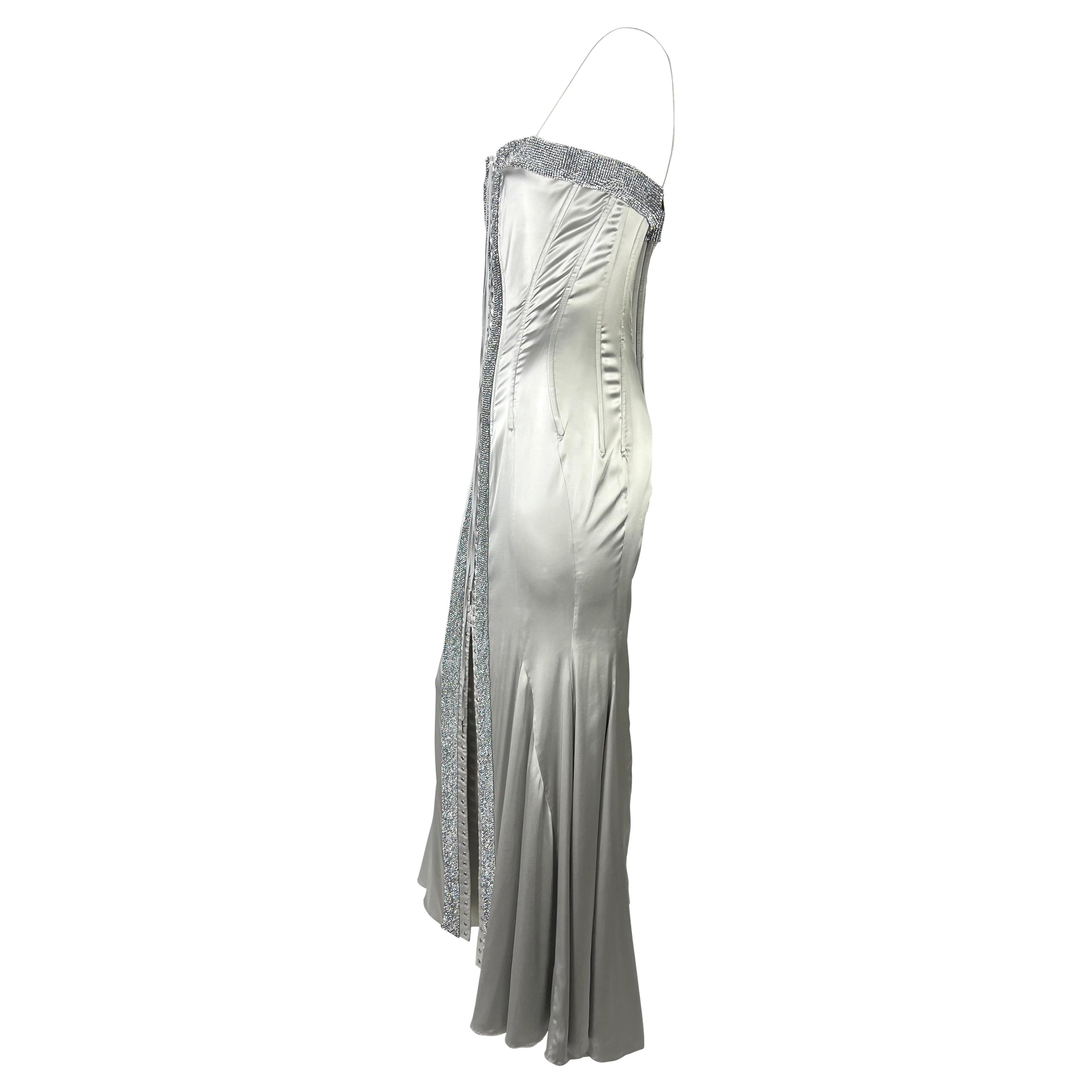 S/S 2004 Dolce & Gabbana Runway Rhinestone Lace-Up Silver Stretch Satin Gown 5
