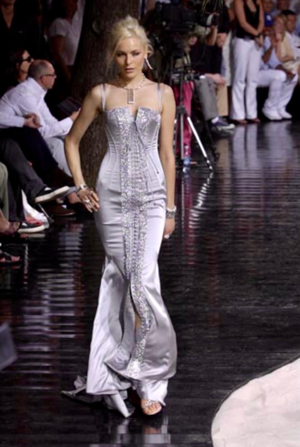S/S 2004 Dolce & Gabbana Runway Rhinestone Lace-Up Silver Stretch Satin Gown 2