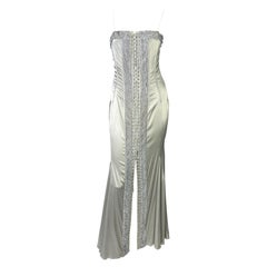 S/S 2004 Dolce & Gabbana Runway Rhinestone Lace-Up Silver Stretch Satin Gown
