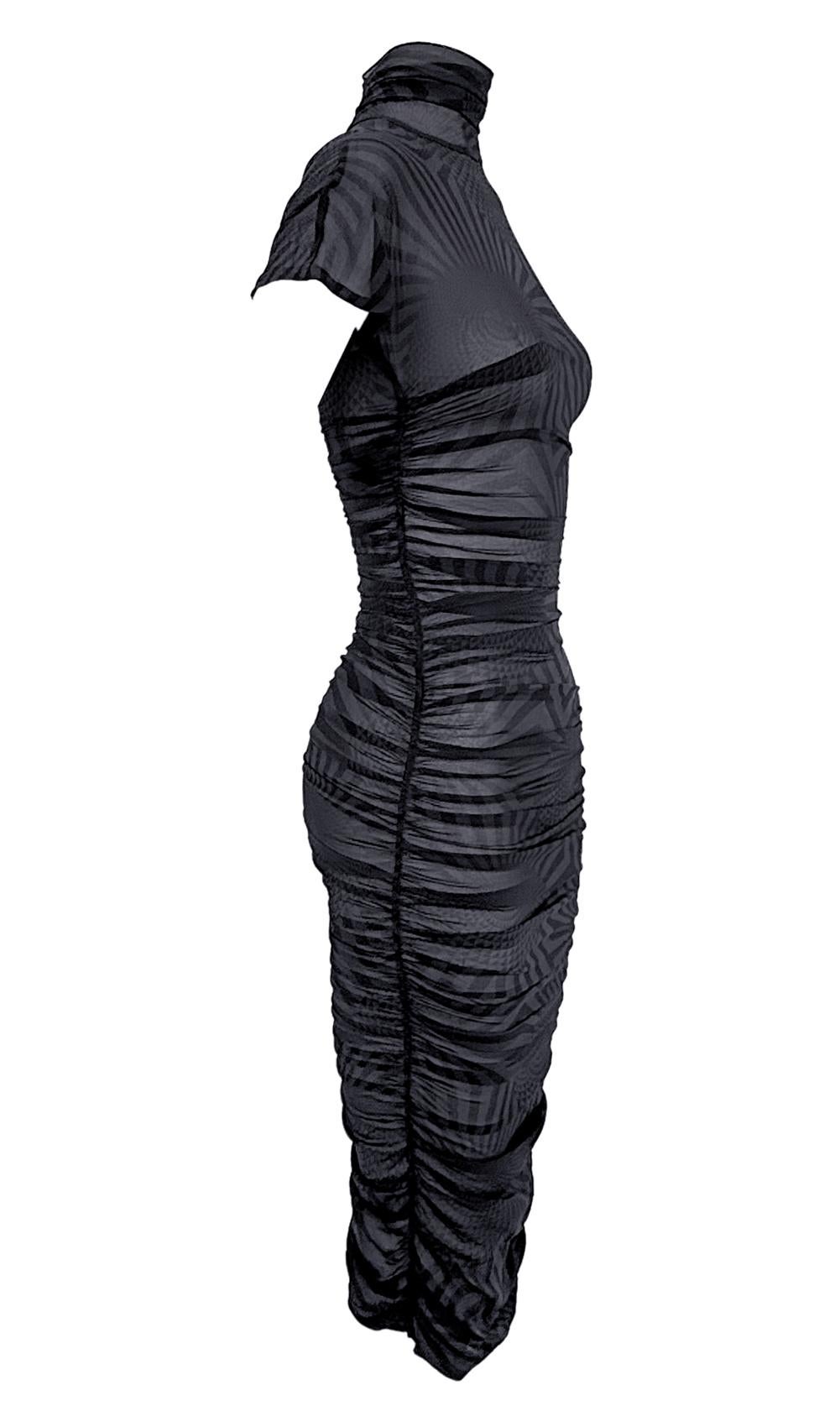 F/W 2003 Dolce & Gabbana Runway Sheer Black Blue Op Art Print Ruched Dress en vente 5
