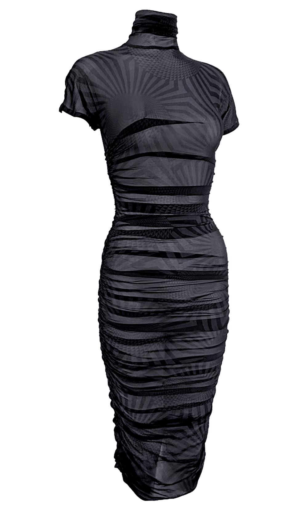 F/W 2003 Dolce & Gabbana Runway Sheer Black Blue Op Art Print Ruched Dress en vente 6