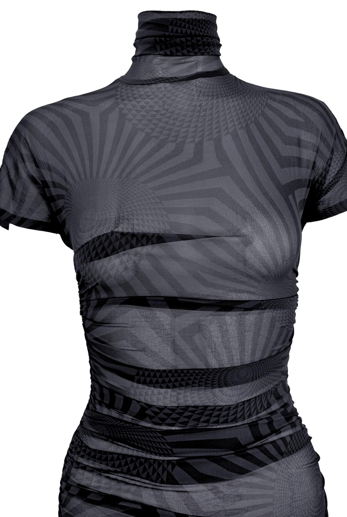 Noir F/W 2003 Dolce & Gabbana Runway Sheer Black Blue Op Art Print Ruched Dress en vente
