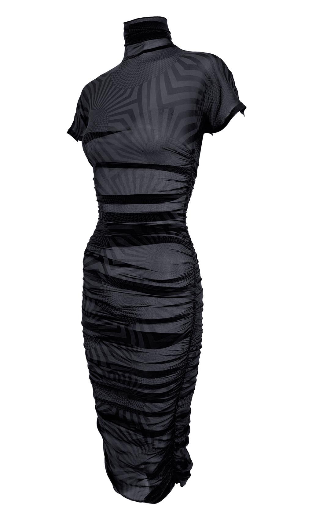F/W 2003 Dolce & Gabbana Runway Sheer Black Blue Op Art Print Ruched Dress Pour femmes en vente