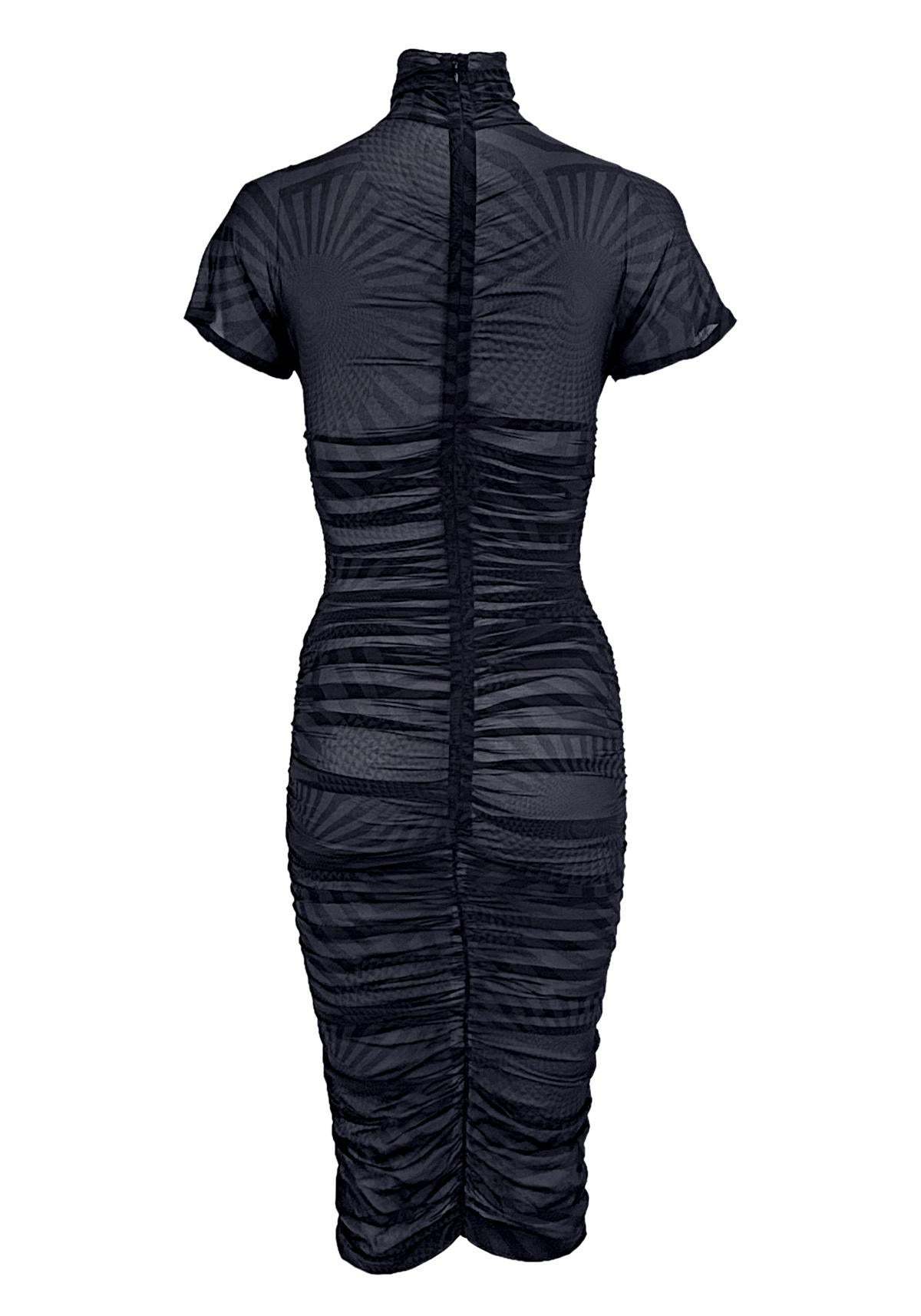 F/W 2003 Dolce & Gabbana Runway Sheer Black Blue Op Art Print Ruched Dress en vente 4