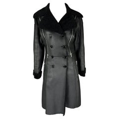 F/W 2003 Dolce & Gabbana Manteau en cuir noir doublé de shearling avec fermeture éclair ajustable