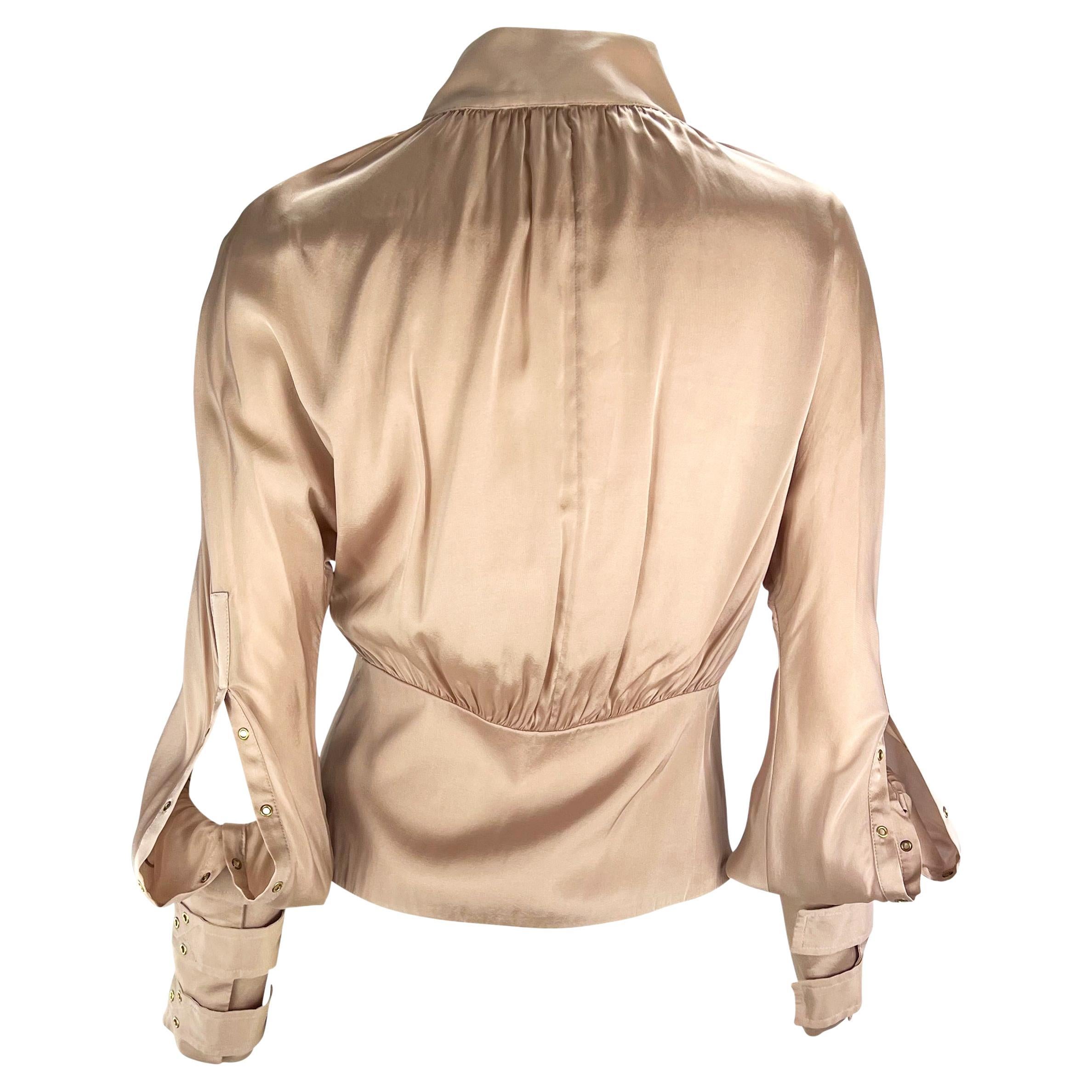 Women's F/W 2003 Gucci by Tom Ford Beige Silk Strap Long Sleeve Top For Sale