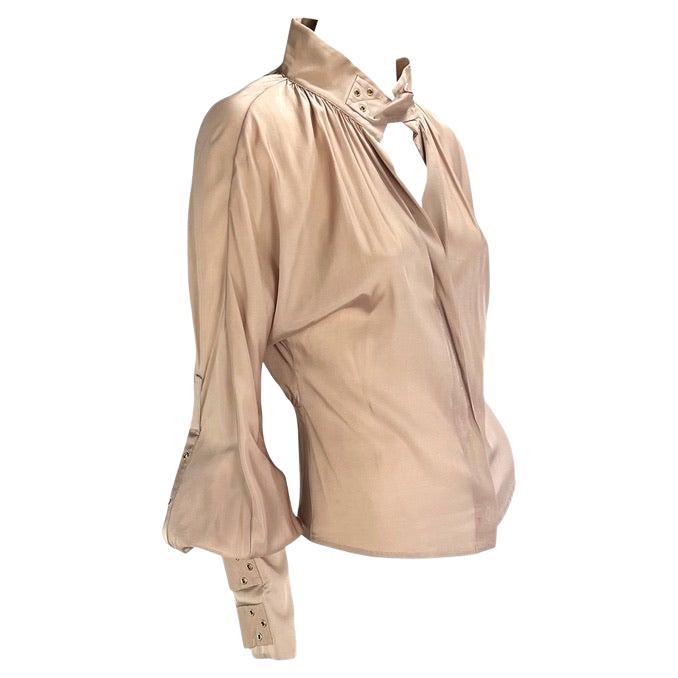 F/W 2003 Gucci by Tom Ford Beige Silk Strap Long Sleeve Top For Sale 2