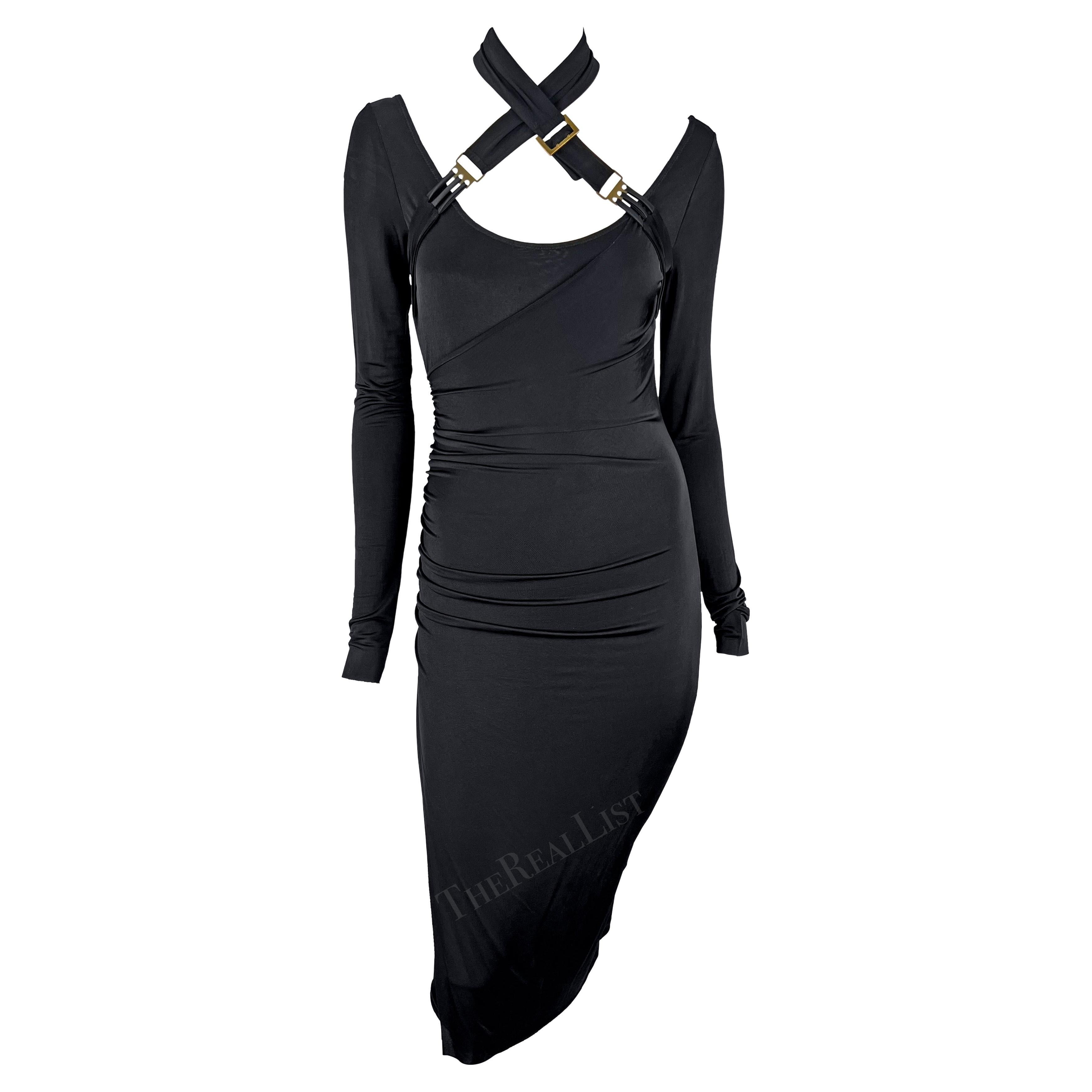 H/W 2003 Gucci by Tom Ford Schwarzes Bodycon-Kleid mit Bondage-Riemen und umwandelbarem Stretch