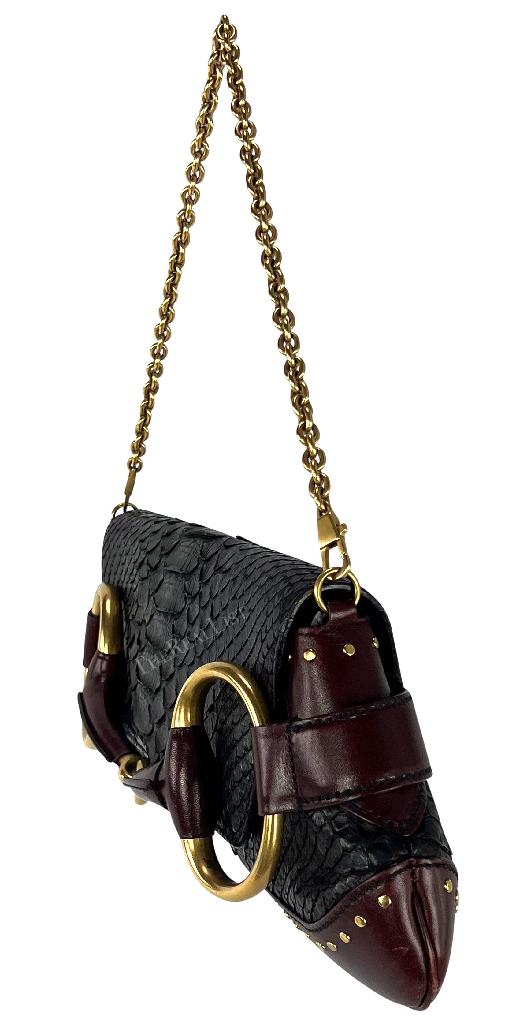 F/W 2003 Gucci by Tom Ford Black Python Burgundy Horsebit Large Convertible Bag In Good Condition In West Hollywood, CA