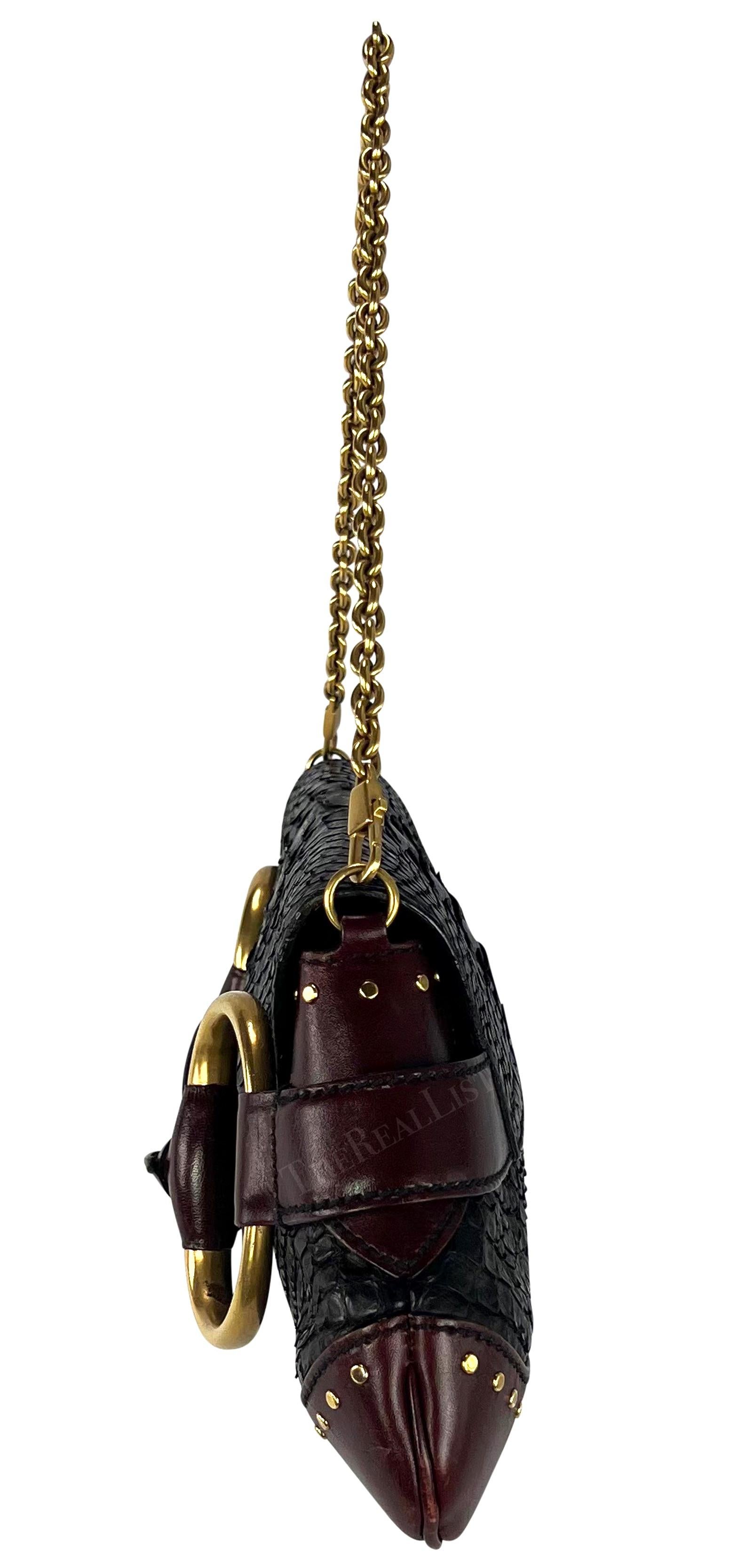 Women's F/W 2003 Gucci by Tom Ford Black Python Burgundy Horsebit Large Convertible Bag