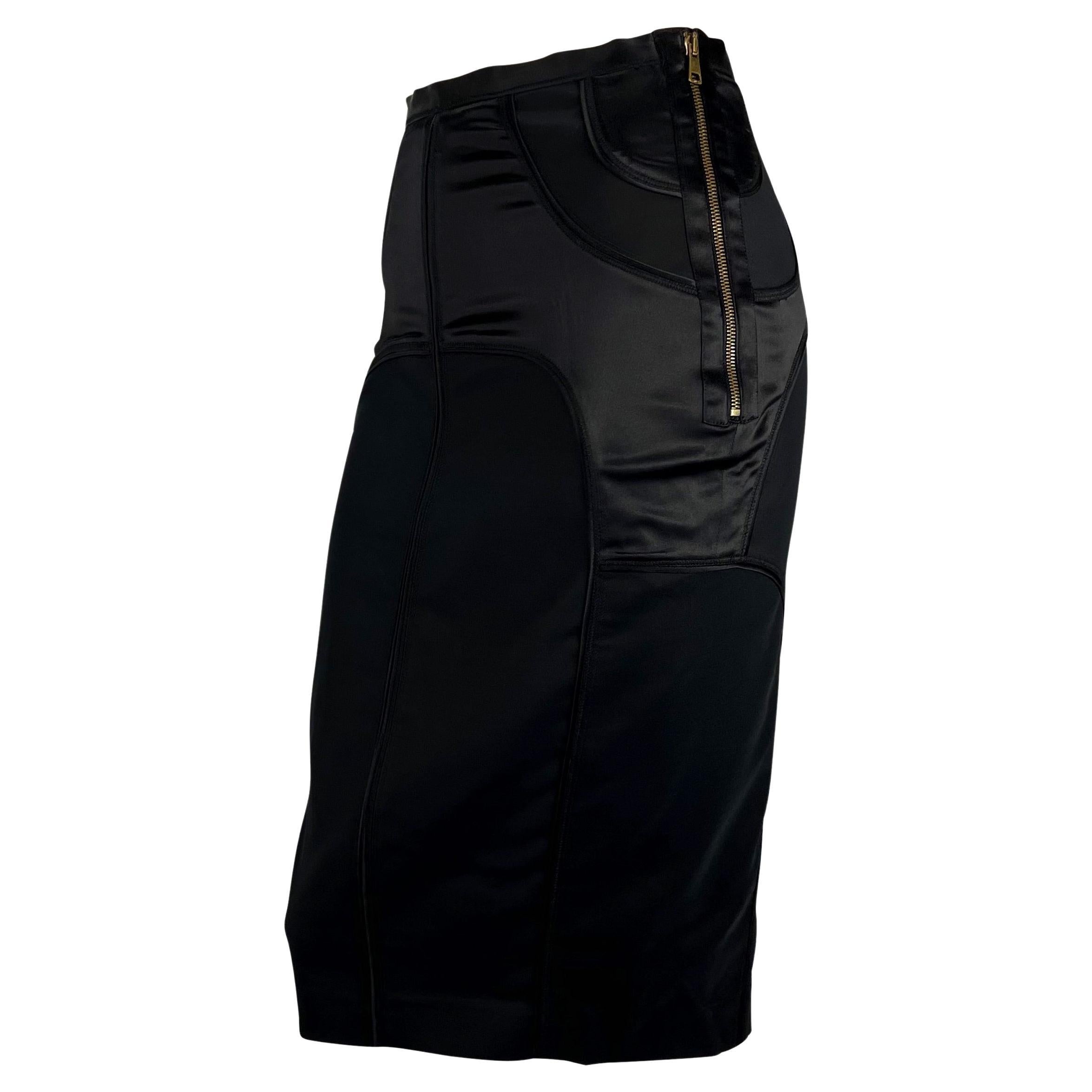 F/W 2003 Gucci by Tom Ford Black Satin Panel Zip Stretch Skirt For Sale