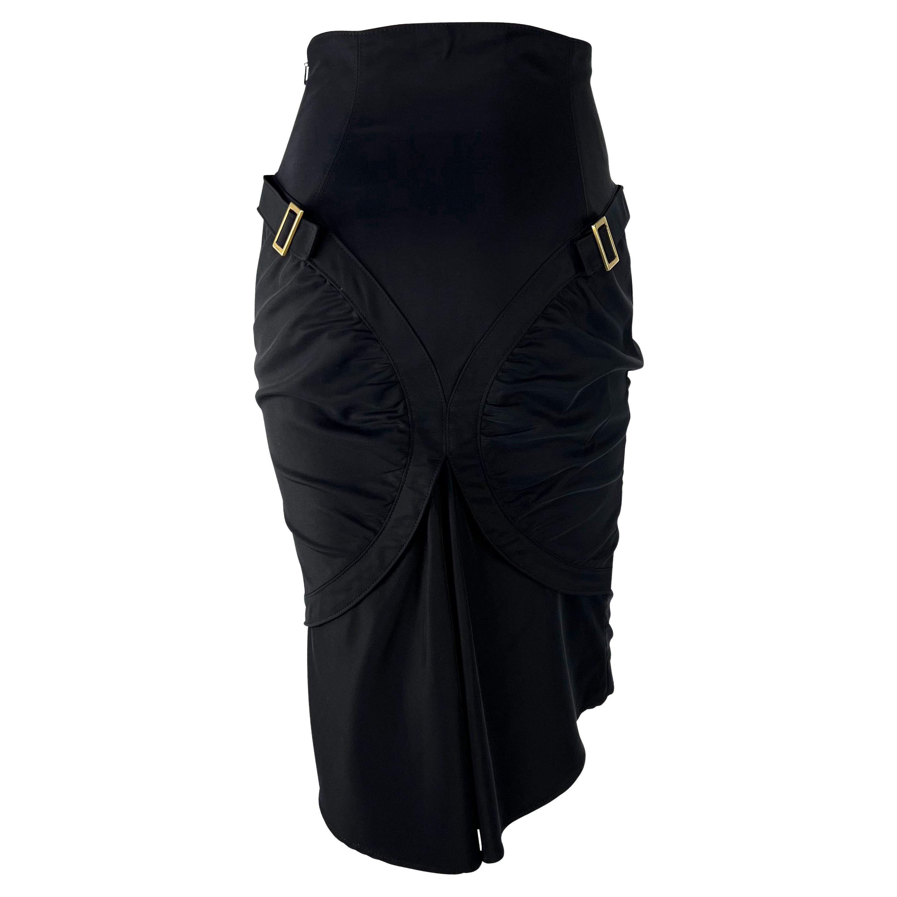 F/W 2003 Gucci by Tom Ford Bodycon Ruched Double Logo Buckle Stretch Skirt For Sale