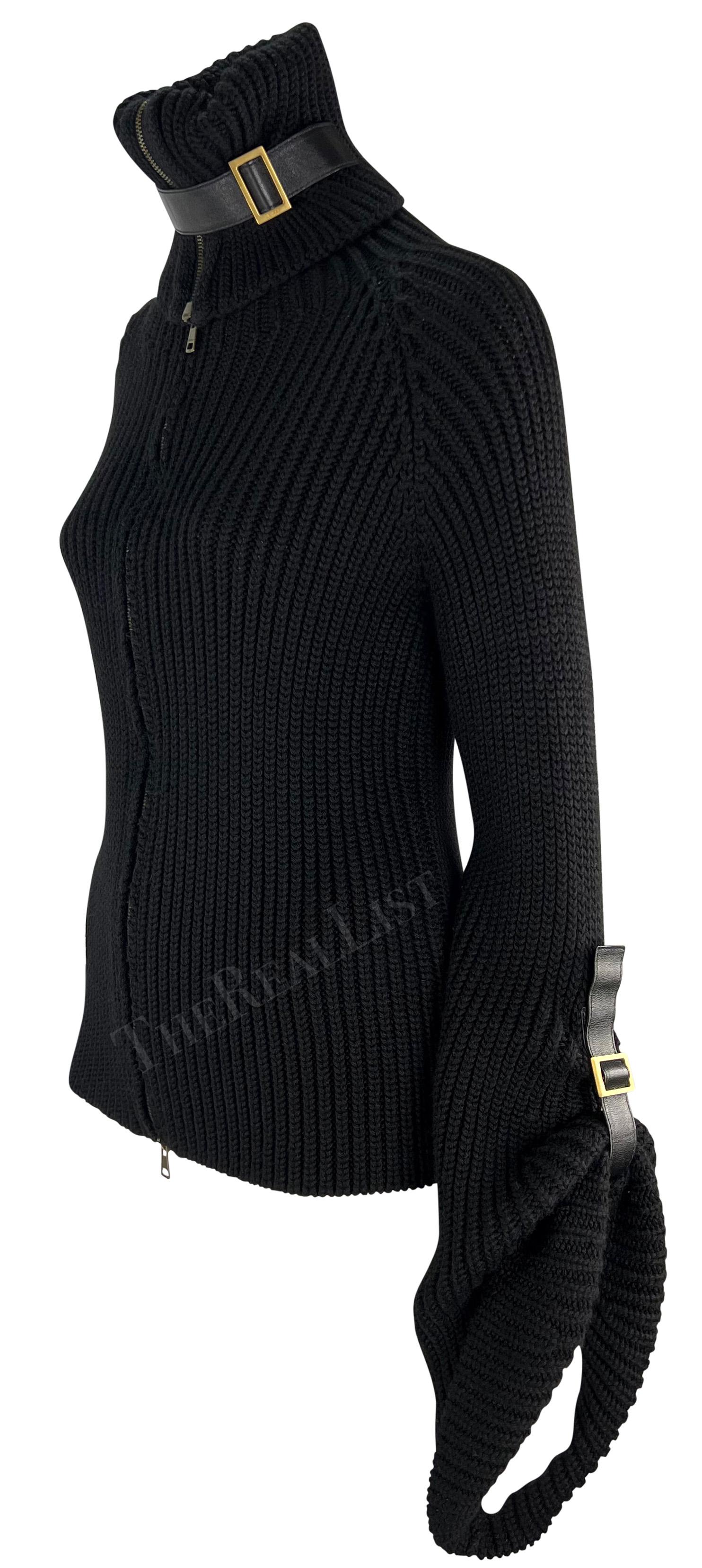 Women's or Men's F/W 2003 Gucci by Tom Ford Bondage Logo Buckle Oversized Black Zip Sweater