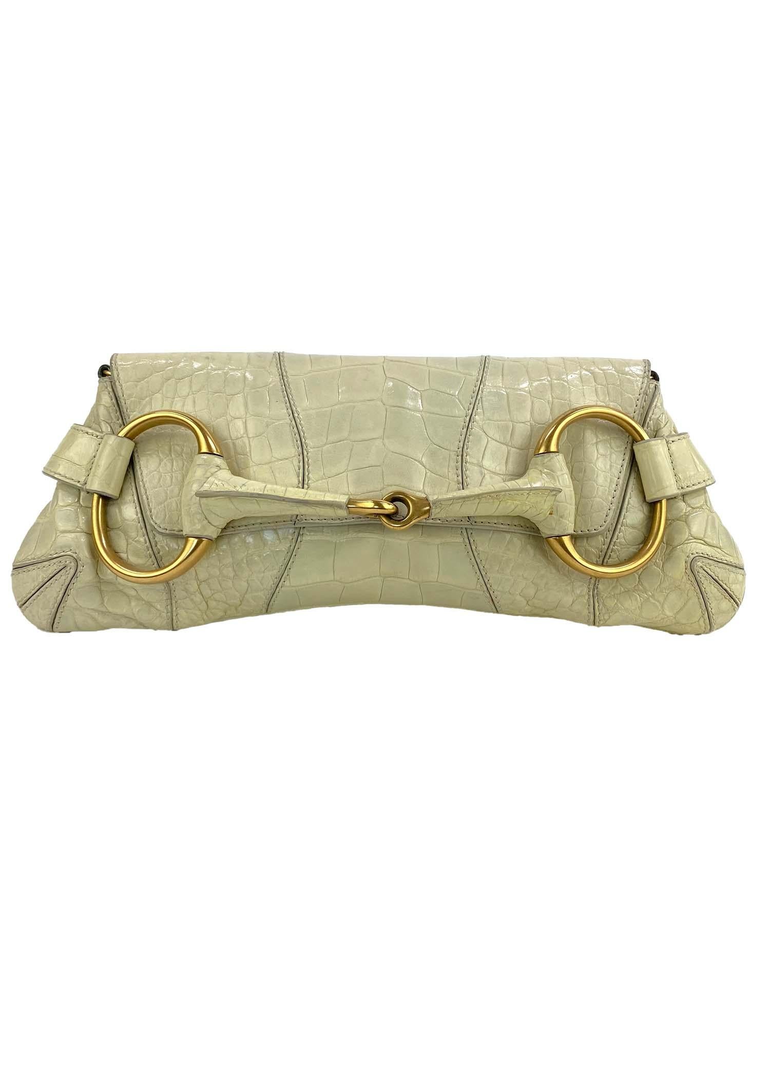 Women's or Men's F/W 2003 Gucci by Tom Ford Creme Crocodile Large Horsebit Convertible Clutch