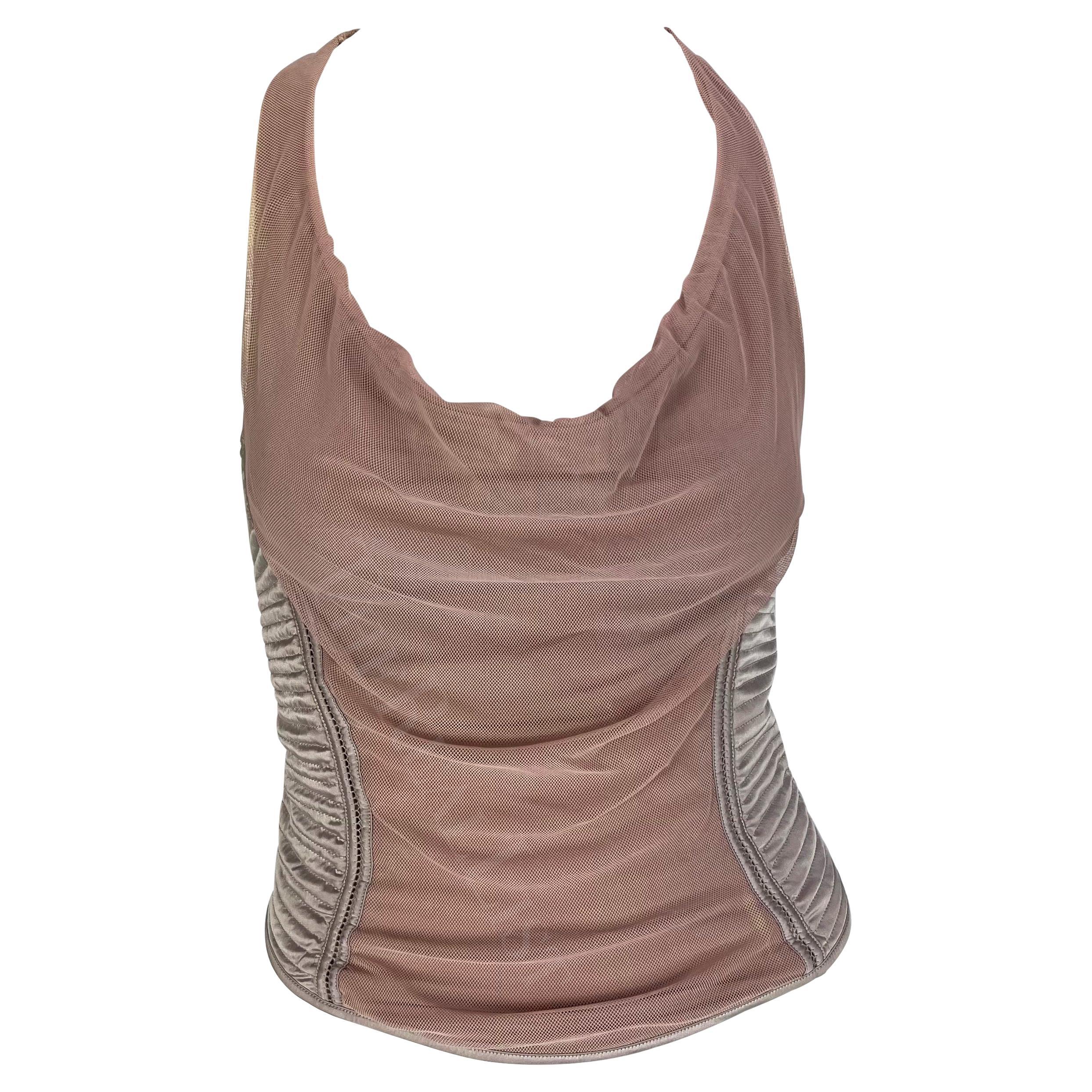 F/W 2003 Gucci by Tom Ford Pink Mesh Quilted Satin Stretch Racerback Tank Top For Sale