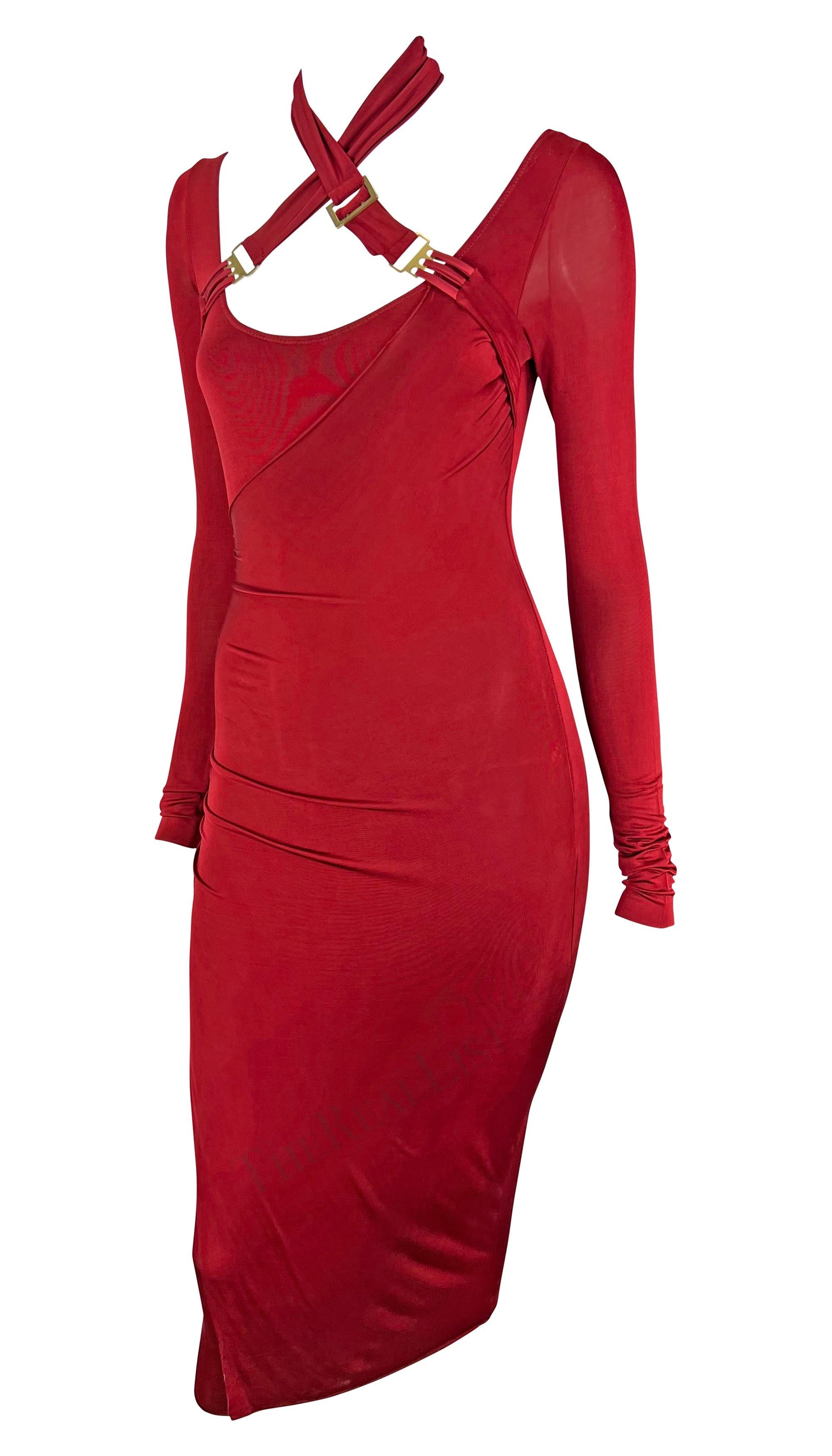 F/W 2003 Gucci by Tom Ford Red Bondage Strap Convertible Stretch Bodycon Dress In Good Condition For Sale In West Hollywood, CA