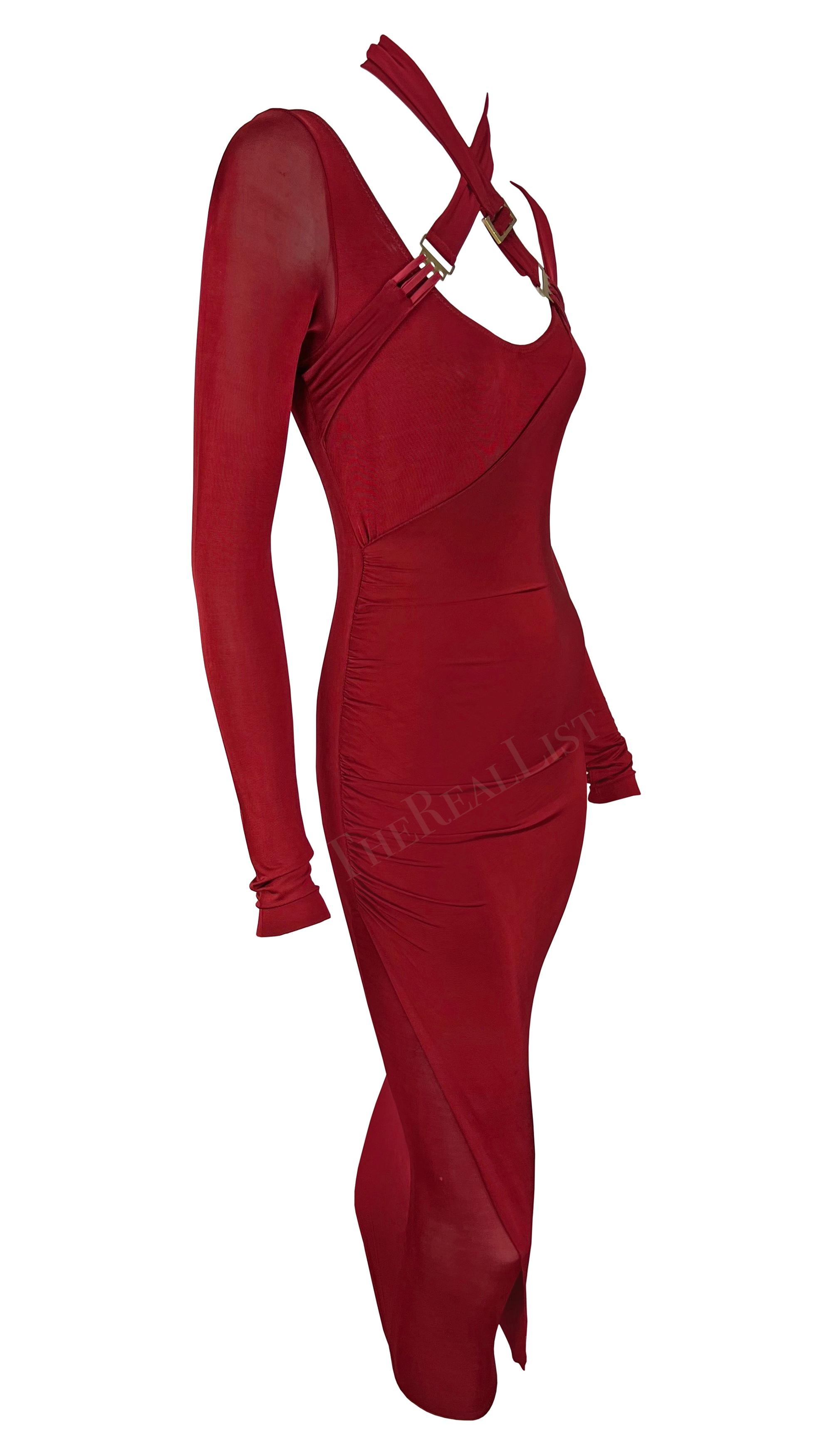F/W 2003 Gucci by Tom Ford Red Bondage Strap Convertible Stretch Bodycon Dress For Sale 2
