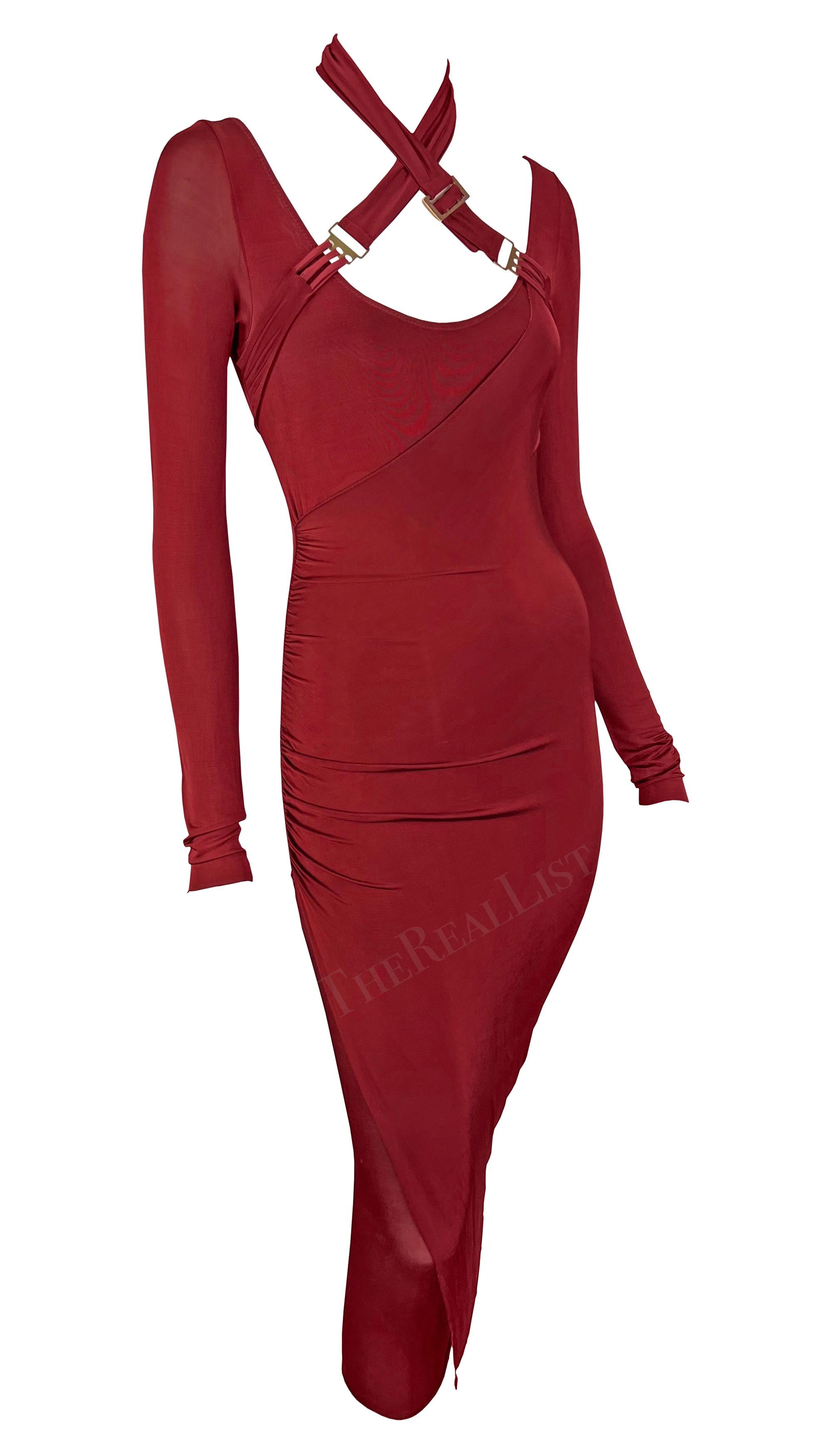 F/W 2003 Gucci by Tom Ford Red Bondage Strap Convertible Stretch Bodycon Dress For Sale 3