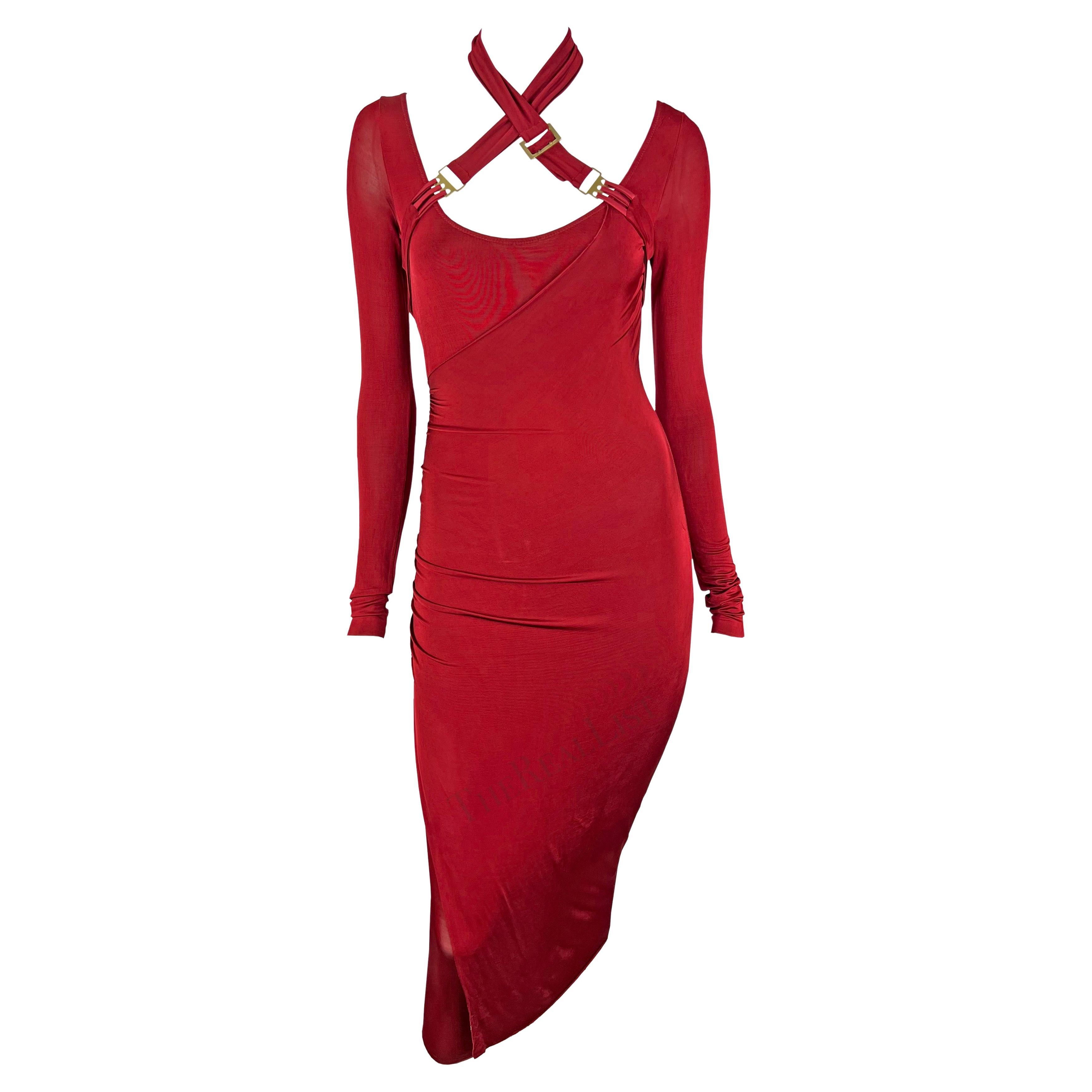 F/W 2003 Gucci by Tom Ford Red Bondage Strap Convertible Stretch Bodycon Dress For Sale