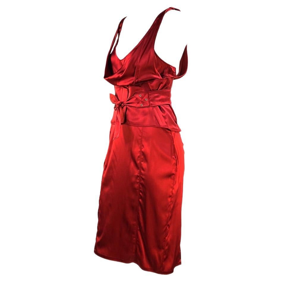 F/W 2003 Gucci by Tom Ford Red Silk Satin Corset Belted Runway Dress For Sale
