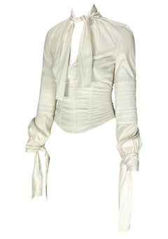 F/W 2003 Gucci by Tom Ford Ruched White Stretch Cotton Quilted Tie Blouse