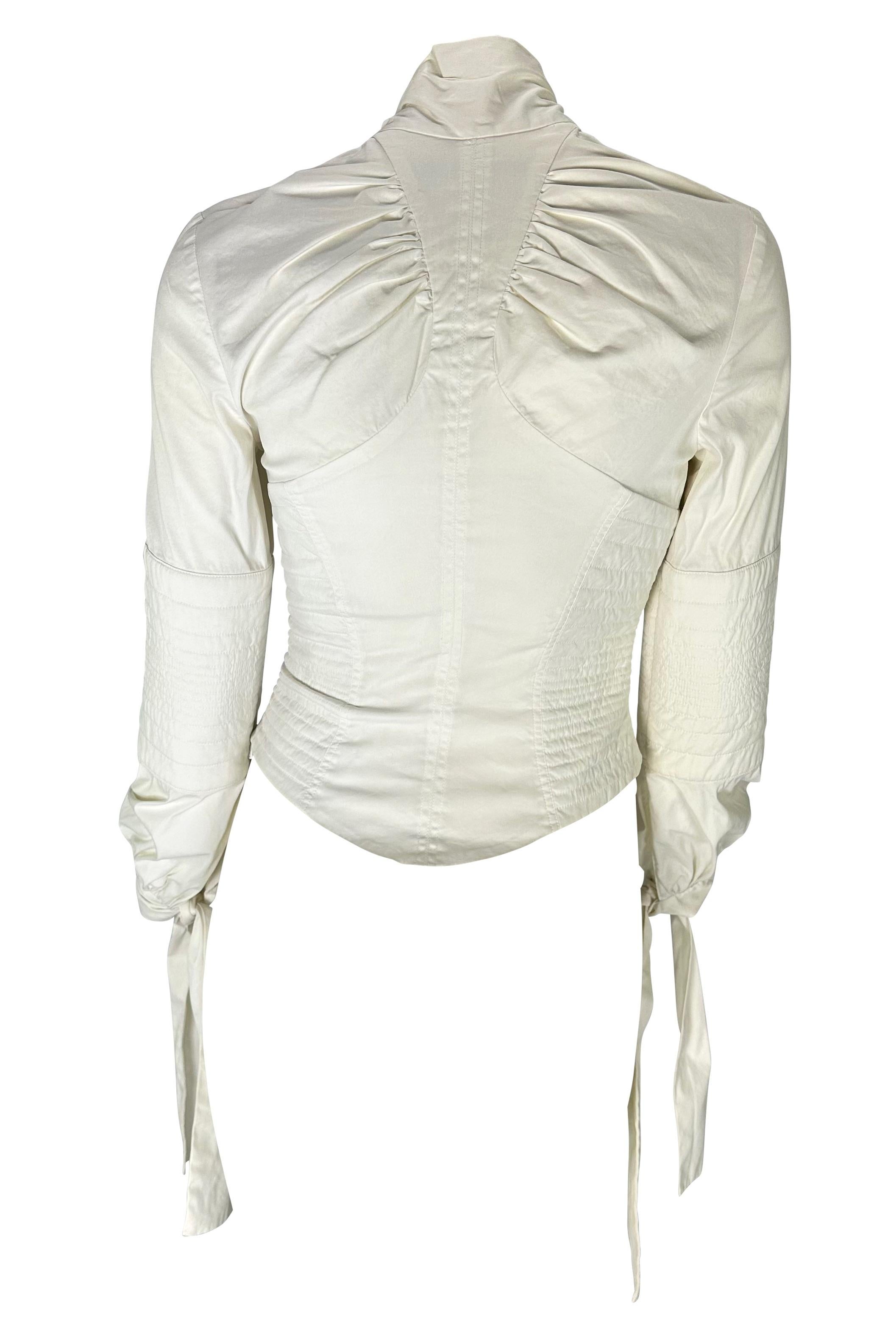 Women's F/W 2003 Gucci by Tom Ford Ruched White Stretch Cotton Quilted Tie Blouse For Sale