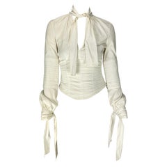 F/W 2003 Gucci by Tom Ford Ruched White Stretch Cotton Quilted Tie Blouse