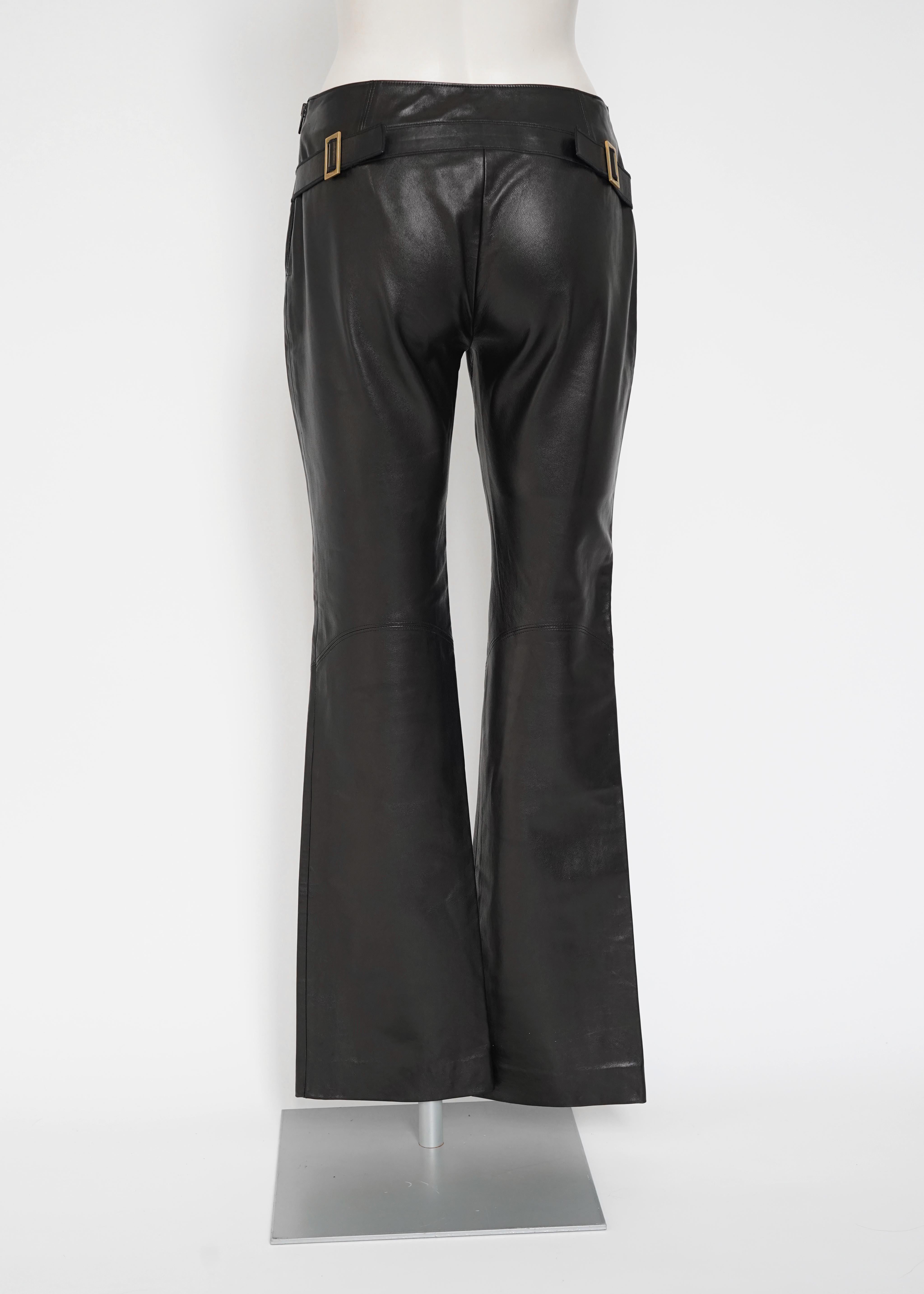 Women's F/W 2003 Gucci by Tom Ford Soft Smooth Black Leather Pants With Gold-Tone Buckle For Sale
