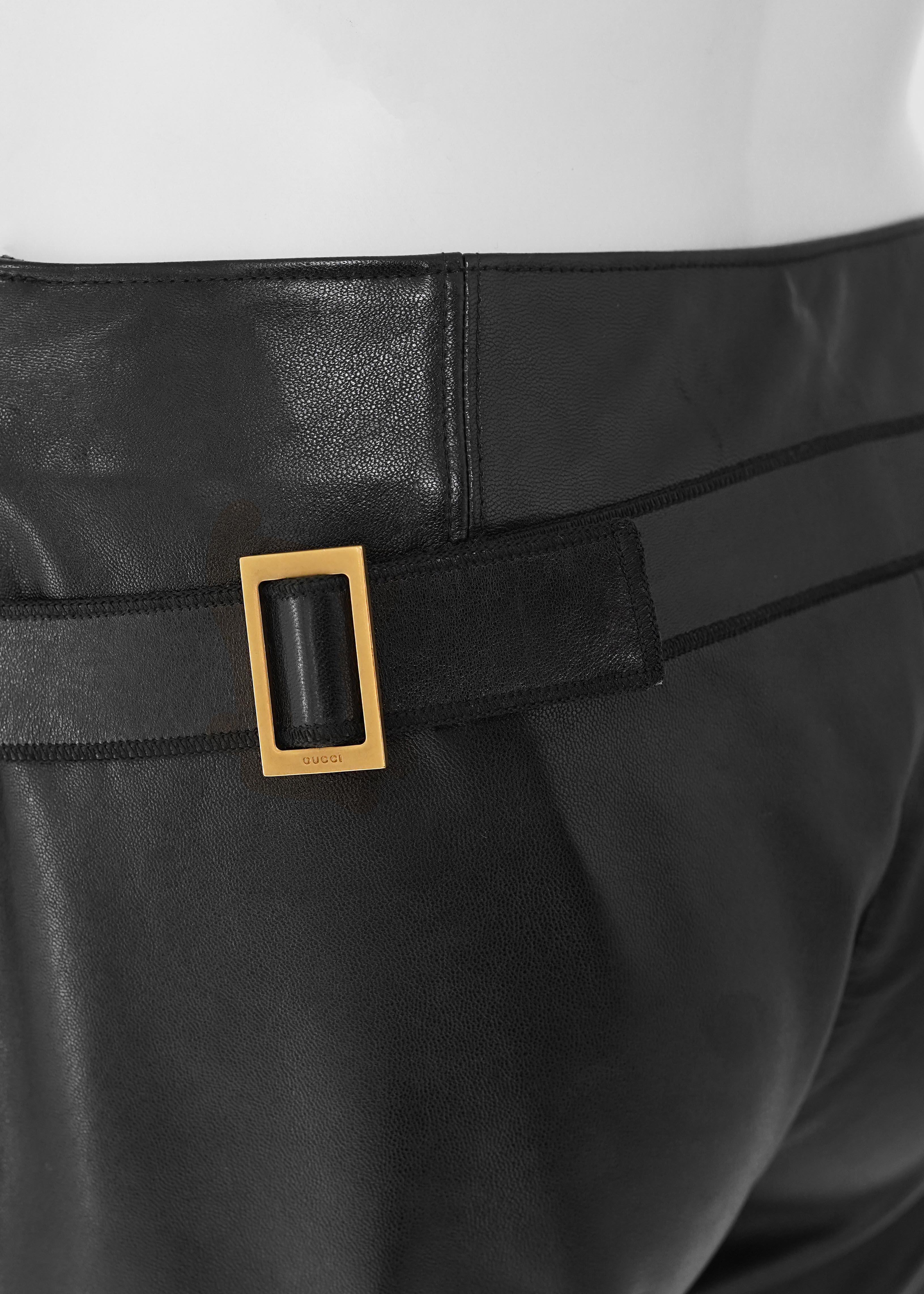 F/W 2003 Gucci by Tom Ford Soft Smooth Black Leather Pants With Gold-Tone Buckle For Sale 1