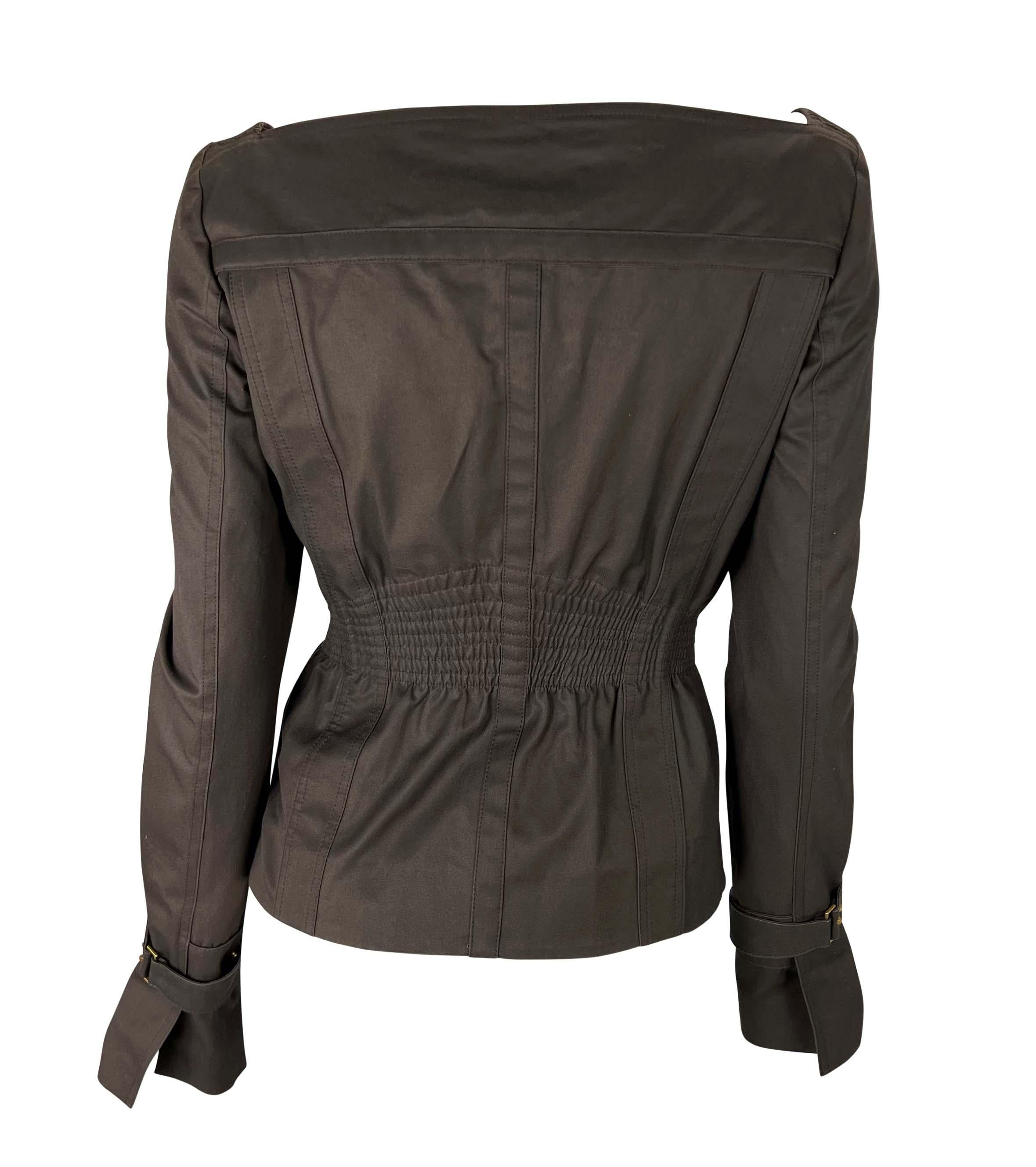 F/W 2003 Gucci by Tom Ford Square Cutout Neckline Brown Cotton Ruched Jacket In Good Condition In West Hollywood, CA