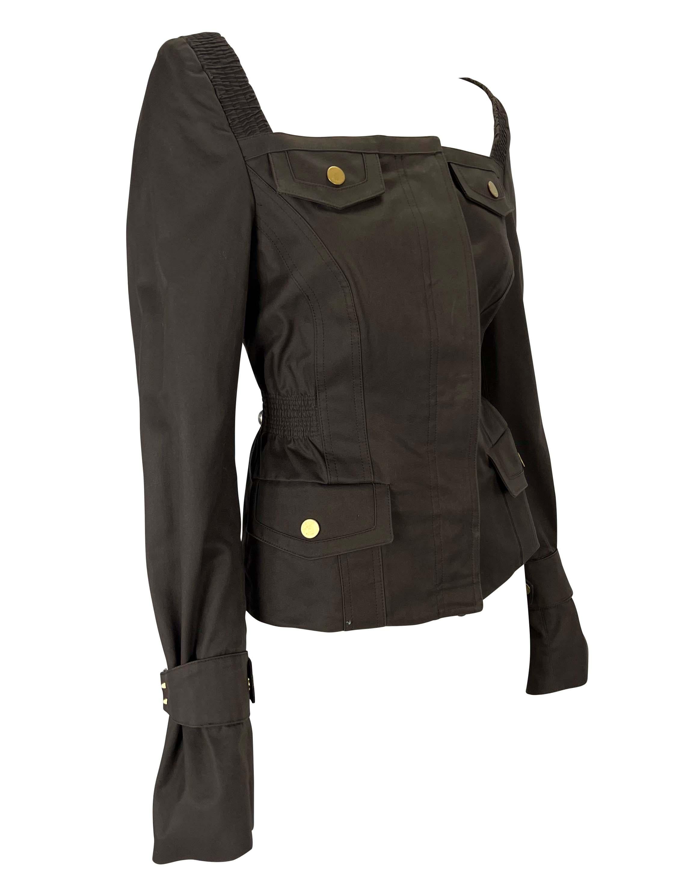 F/W 2003 Gucci by Tom Ford Square Cutout Neckline Brown Cotton Ruched Jacket 1