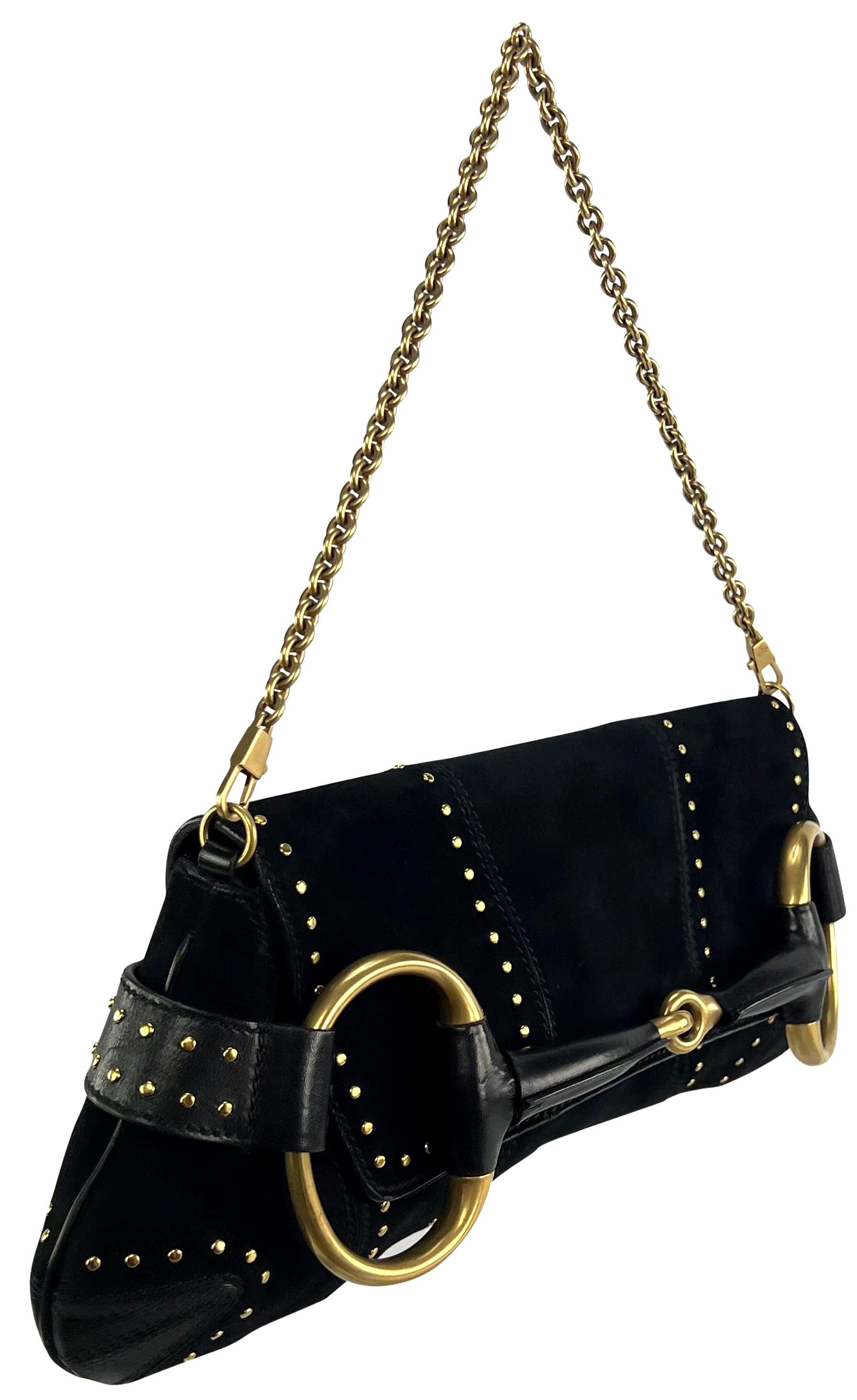 F/W 2003 Gucci by Tom Ford Studded Black Suede Oversized Gold Horsebit Clutch 6