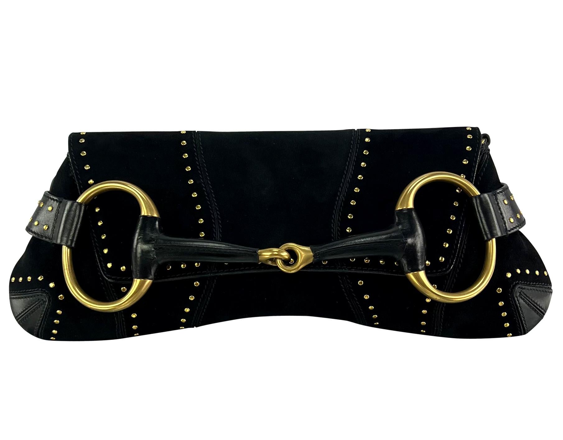 F/W 2003 Gucci by Tom Ford Studded Black Suede Oversized Gold Horsebit Clutch In Excellent Condition In West Hollywood, CA