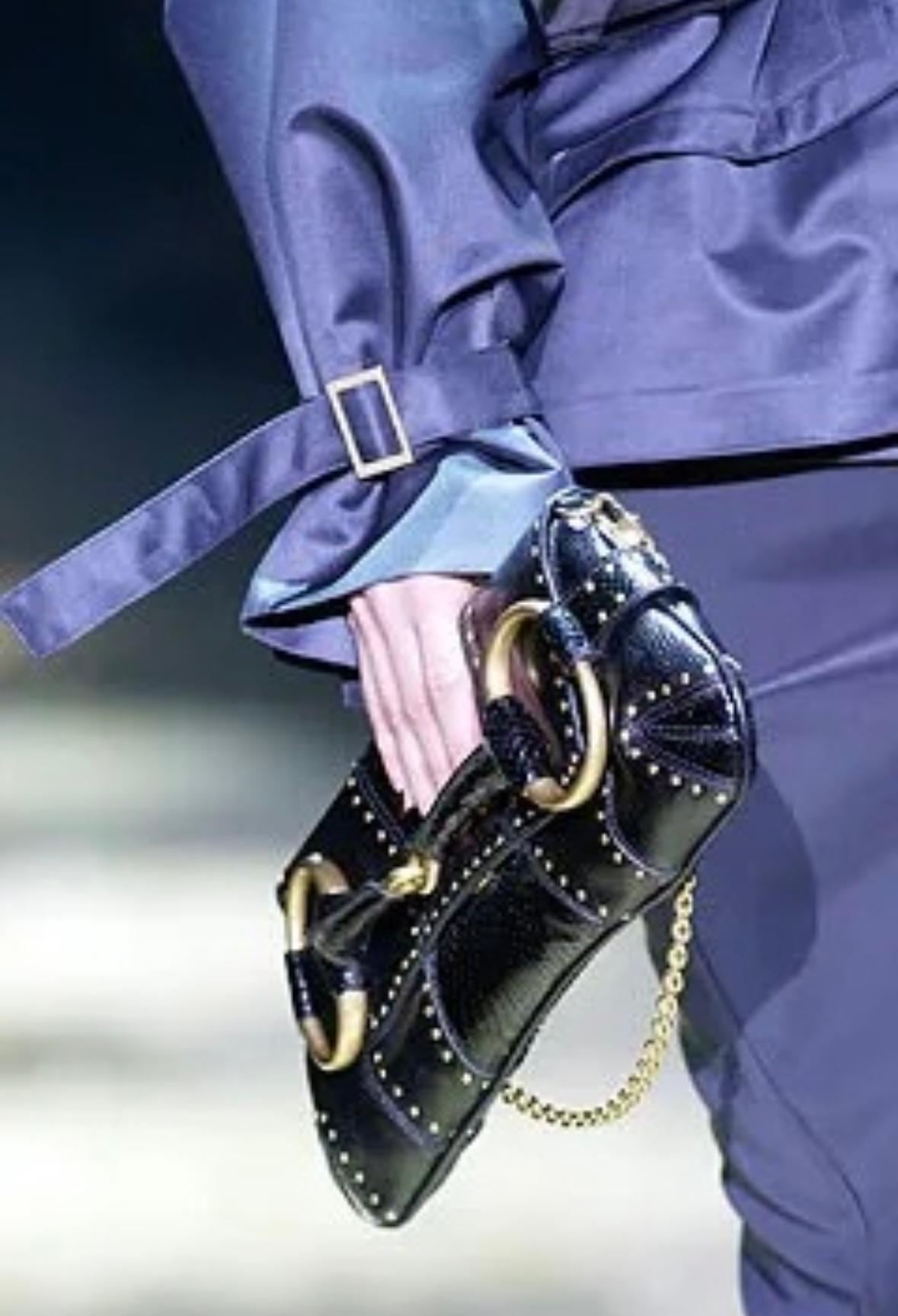 Women's F/W 2003 Gucci by Tom Ford Studded Black Suede Oversized Gold Horsebit Clutch