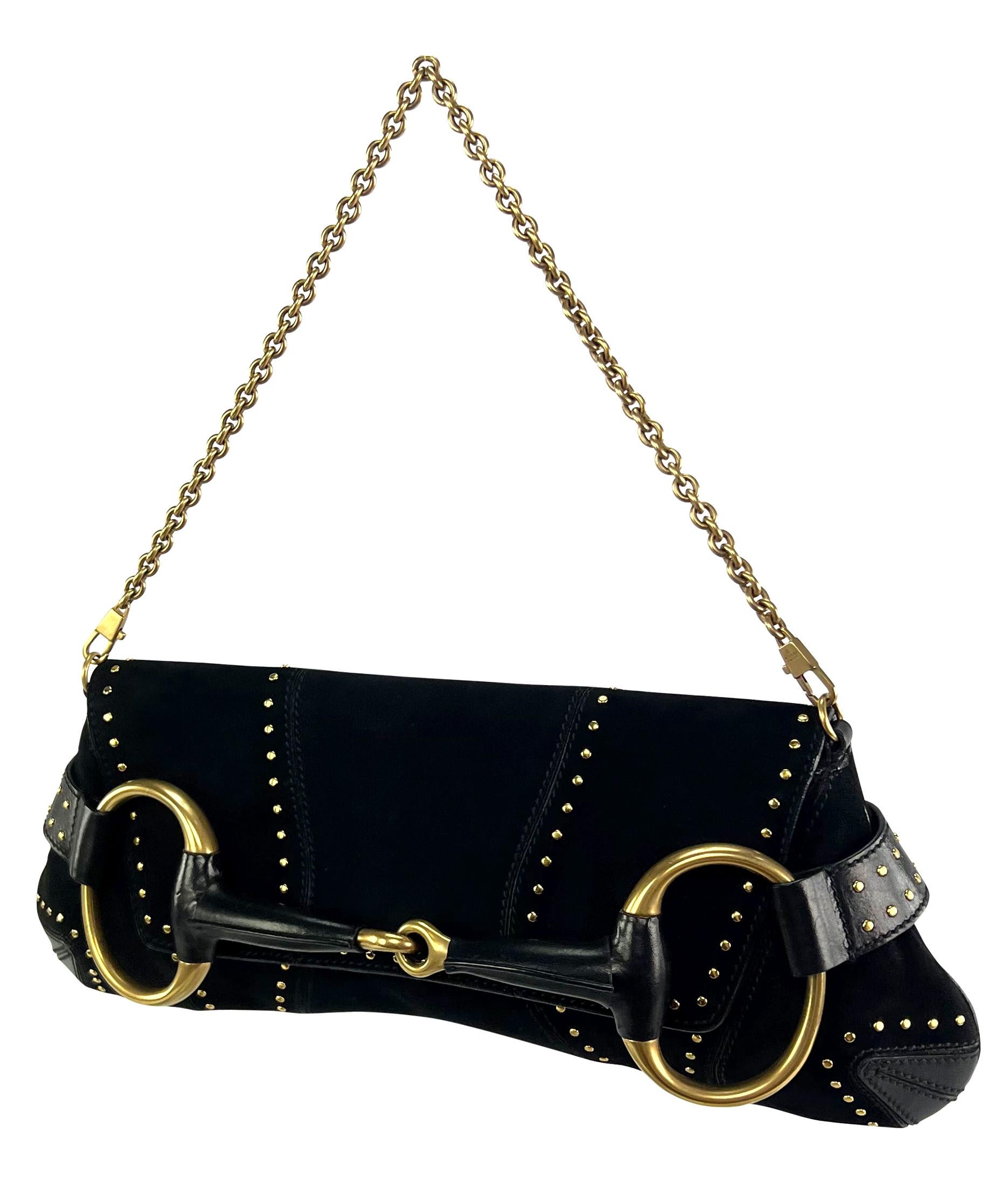 F/W 2003 Gucci by Tom Ford Studded Black Suede Oversized Gold Horsebit Clutch 1